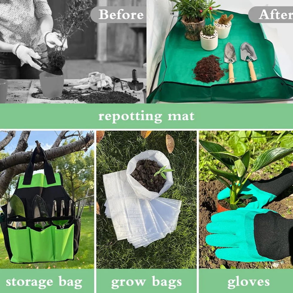 Juego de herramientas de jardín de 10 piezas, herramientas manuales de jardinería de acero inoxidable resistente con alfombrilla de trasplante y bolsas de cultivo, juego de herramientas de jardinería