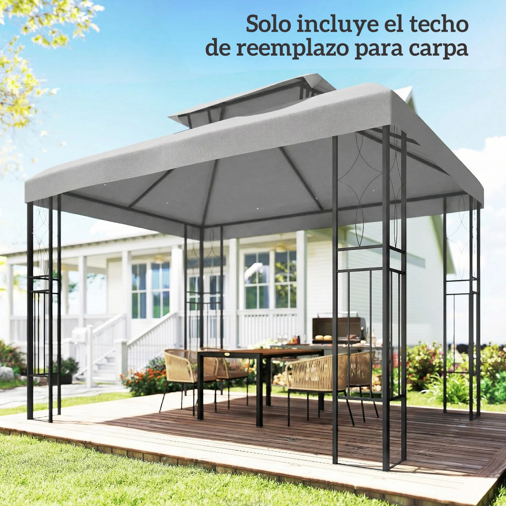 Outsunny Techo de Repuesto para Cenador, 4x3 m, Cubierta de Repuesto con Techo Doble, 10 Orificios de Drenaje y Protección UV, Solo Toldo de Recambio para Pabellón Gazebo, Gris Claro