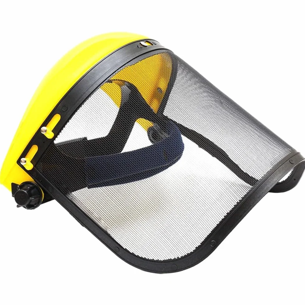 Malla protectora facial de malla de acero con marco de PP, protector de cabeza ajustable para jardinería, poda de árboles y césped, alta visibilidad y transpirabilidad, amarillo