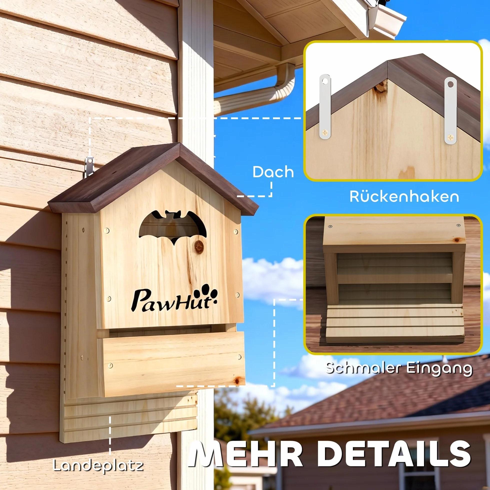 PawHut Caja de murciélagos 3 piezas de madera de abeto, casa de murciélagos para colgar en jardines, huertos, granjas 21,5 x 11,5 x 34 cm