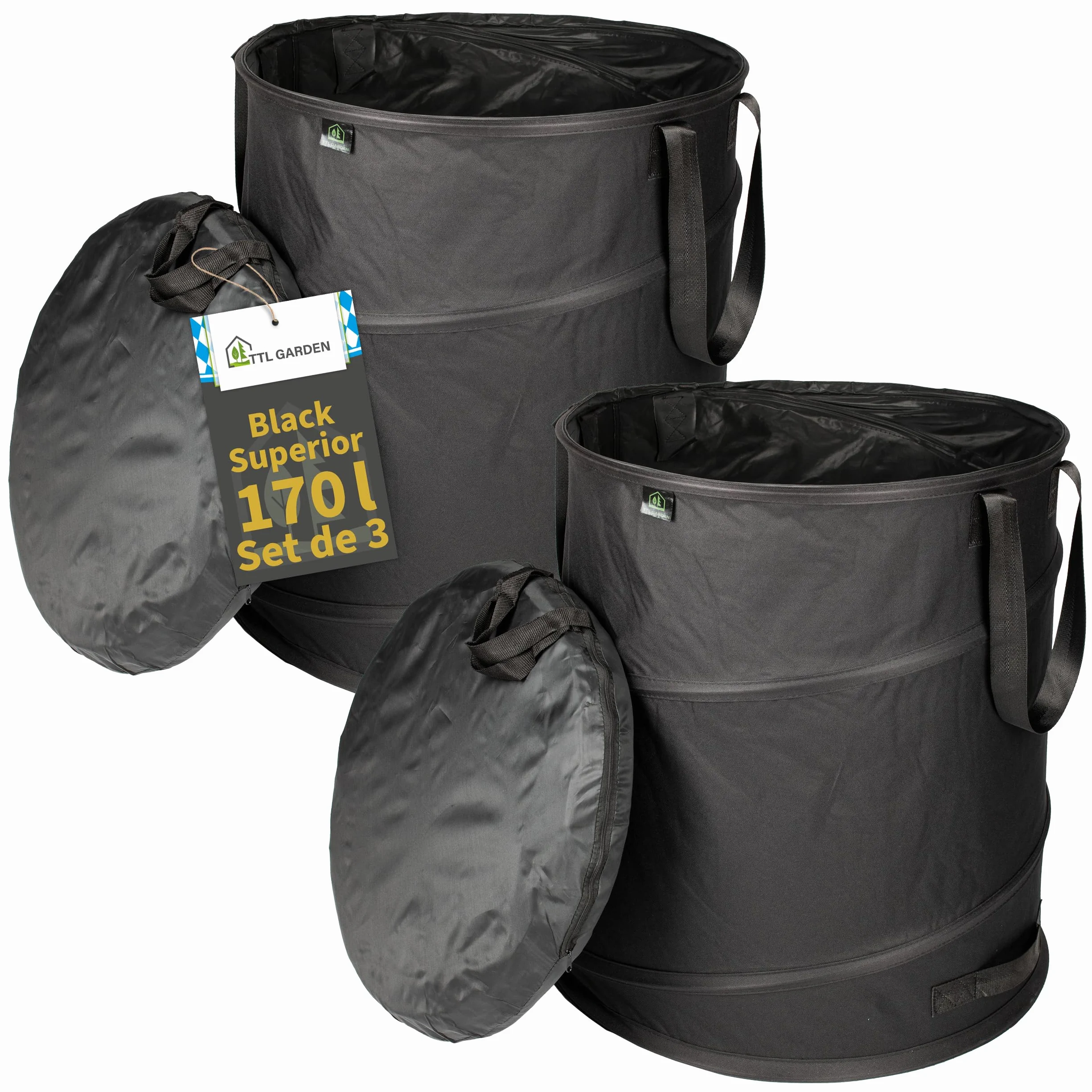 TTL Commerce TTL Garden BLACK SUPERIOR 2x 170L bolsa de jardín emergente DOBLE BASE 260gsm extra estable 600D Oxford juego de 2 bolsa de basura de jardín de 170 litros bolsa de hojas plegable residuo