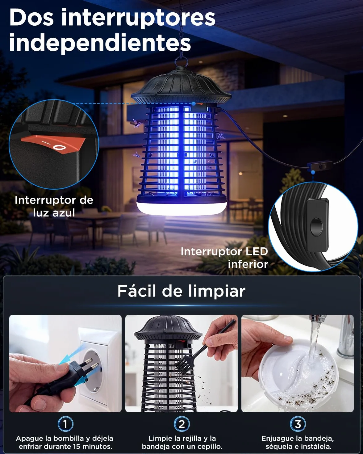 Lámpara Antimosquitos LED VIWAVE 4200V 15W UV Mata Mosquitos Eléctrico Exterior Interior IPX4 150m²