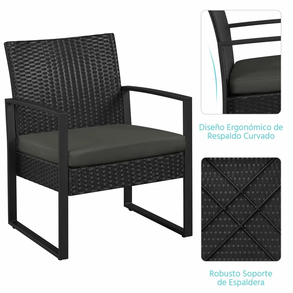 Yaheetech Conjunto de Mesa y Sillas Exterior Juego de Muebles Jardín Ratán Impermeable Negro Gris