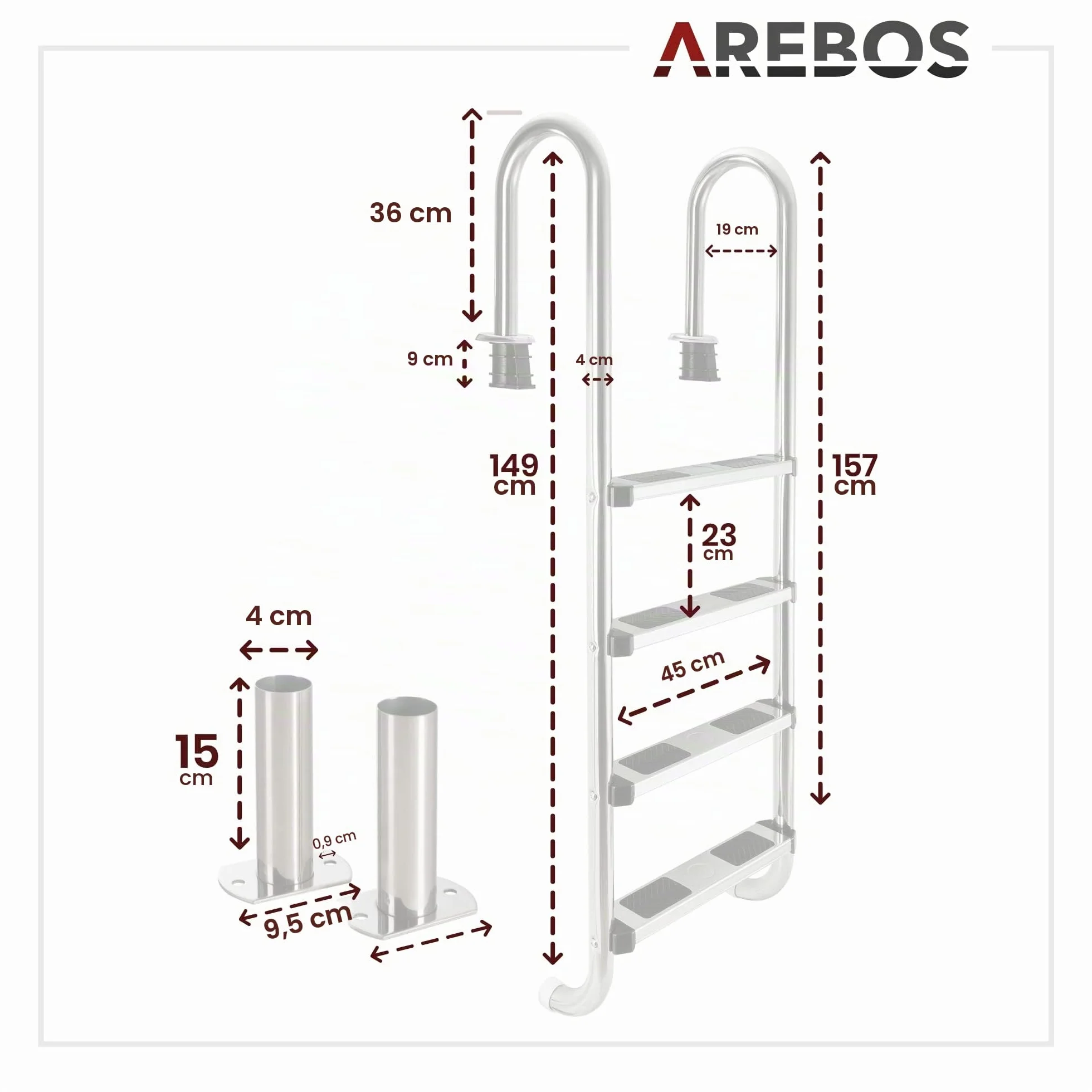 Arebos Escalera para Piscina Acero Inoxidable 4 Peldaños Antirutschpads