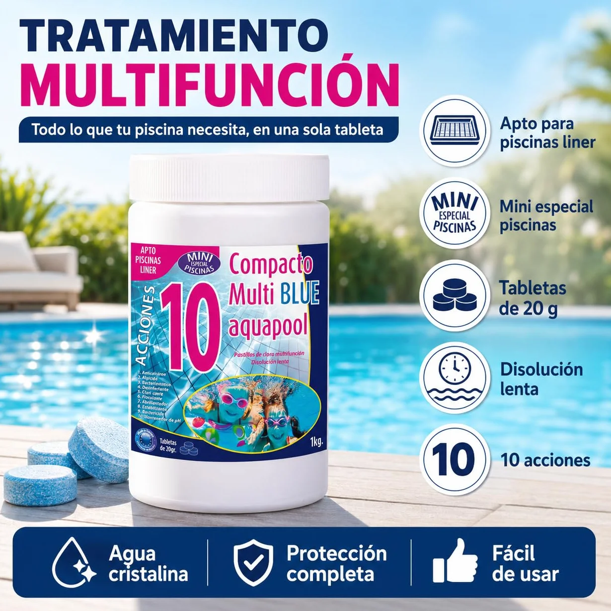 Cloro Mini Piscinas Aquapool Tabletas 1 kg Apto para POLIÉSTER Liner