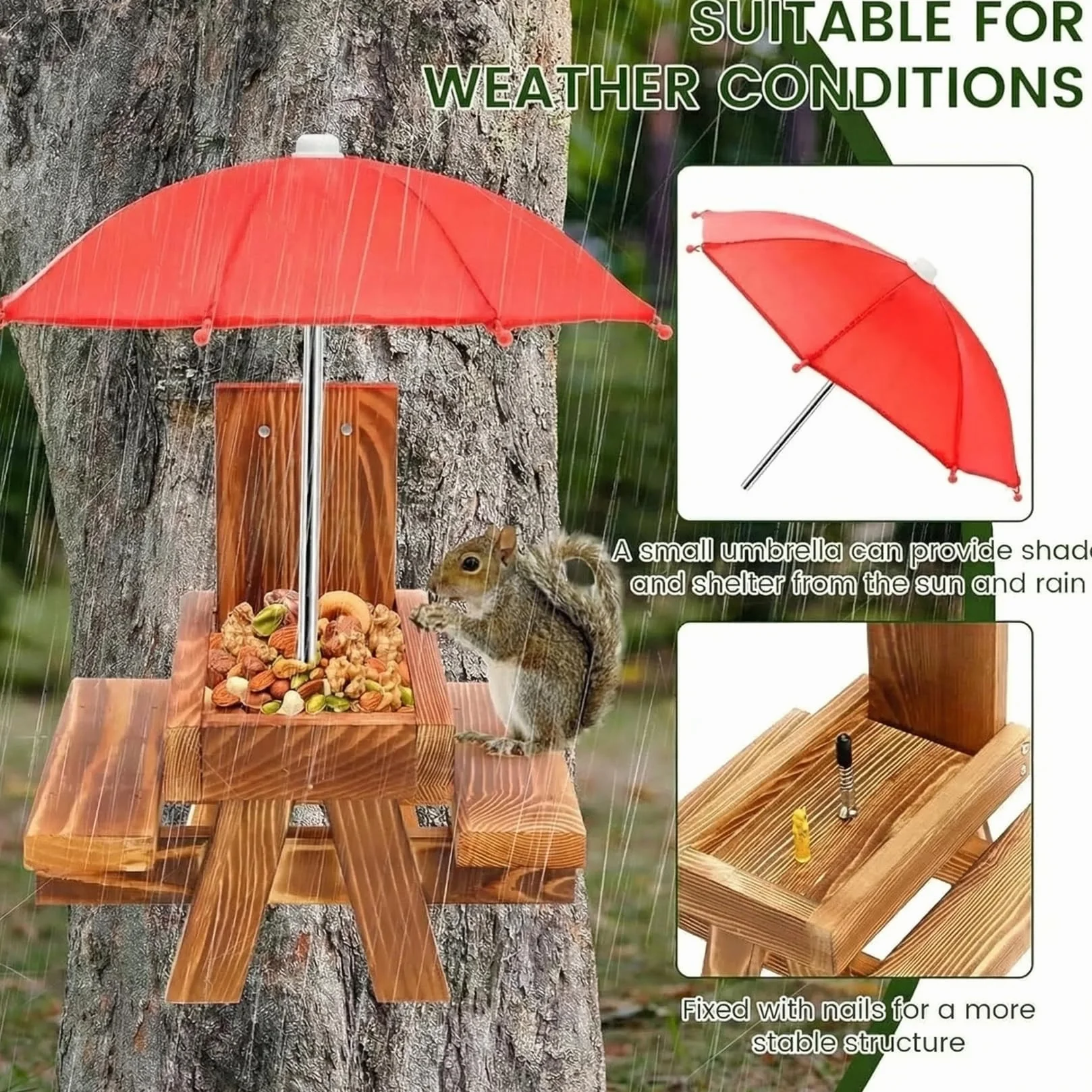 Comedero para Ardillas Alimentador de Madera con Paraguas para Exteriores
