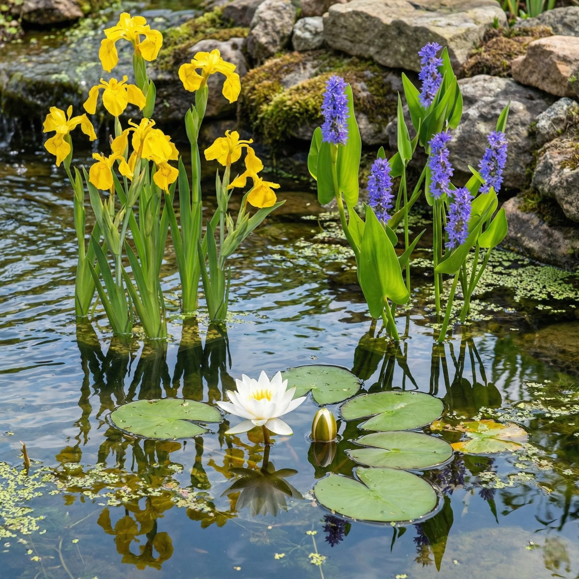 vdvelde․com - Nenúfar enano blanco, kit 9 plantas de estanque con Iris | Nymphaea alba para maceta y mini charca, incluye cestas, sustrato y abono, agua de 10 a 40 cm
