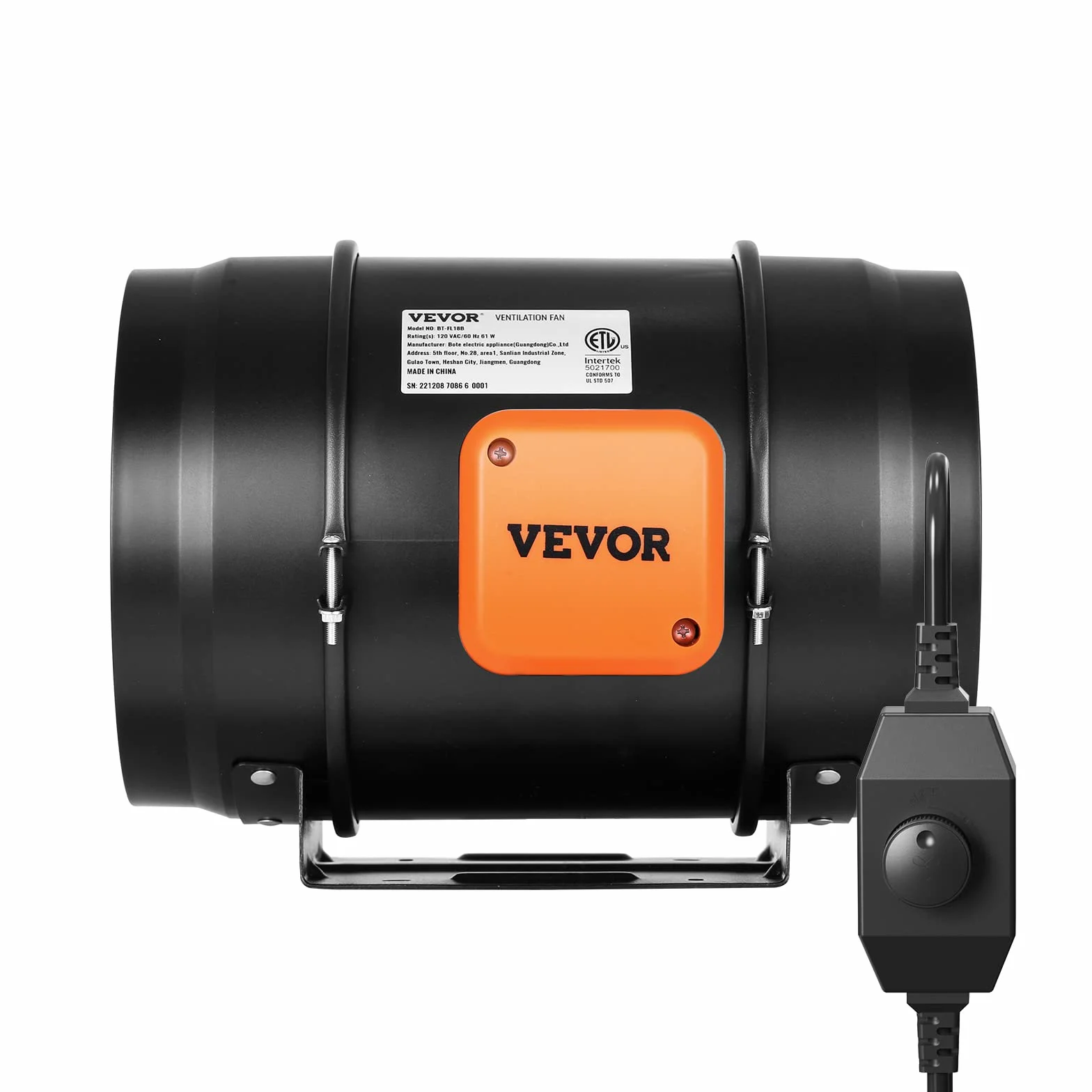 VEVOR Ventilador Silencioso de Conducto en Línea, 303 x 235 x 280 mm 506,2 CFM con Controlador de Velocidad Variable, con Motor de CA para Refuerzo de Refrigeración, Tiendas de Cultivo, Hidroponía