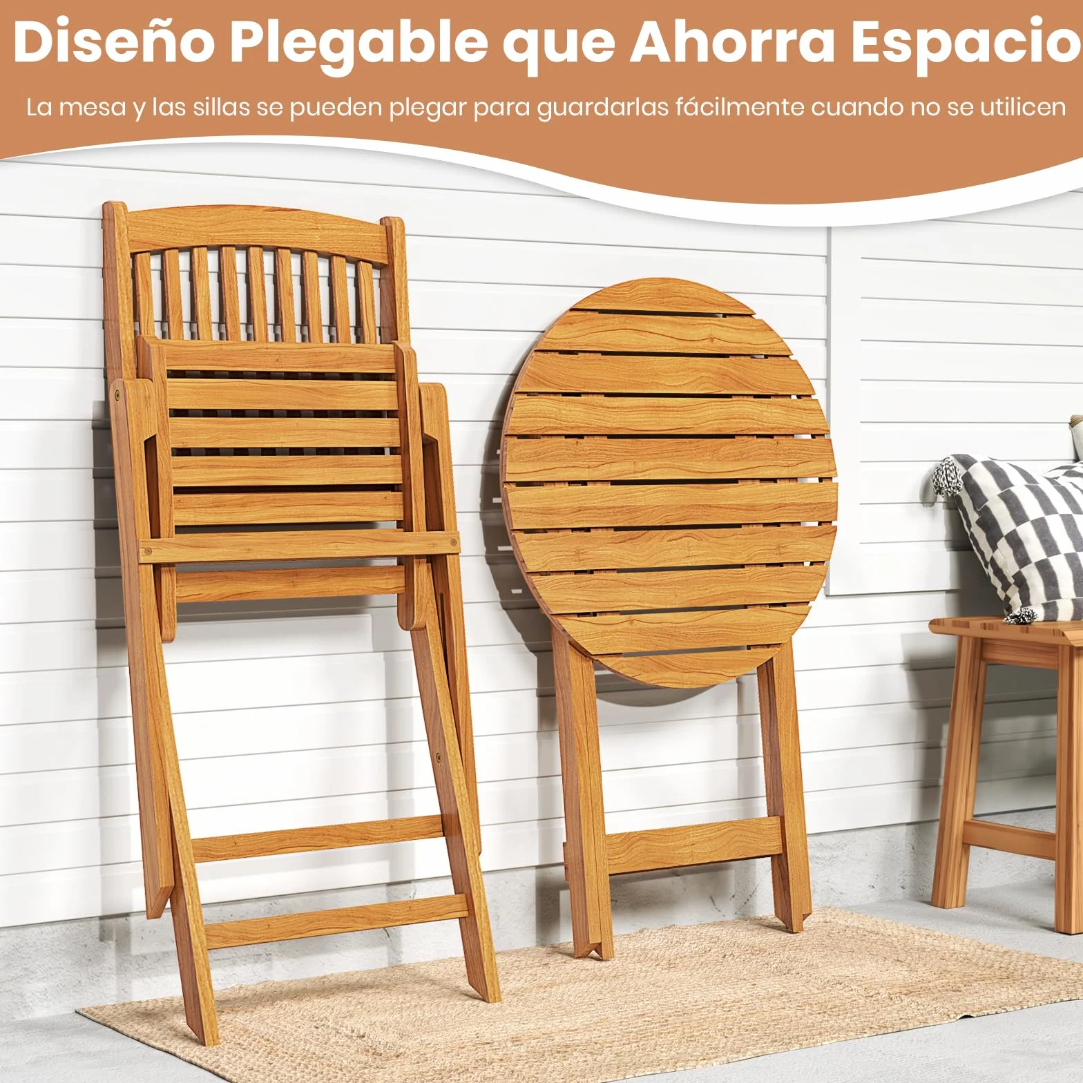GIANTEX Set de Bistró Plegable 3 Piezas, Mesa y Sillas Terraza Madera Acacia con Cojines Removibles, Muebles Exterior Beige