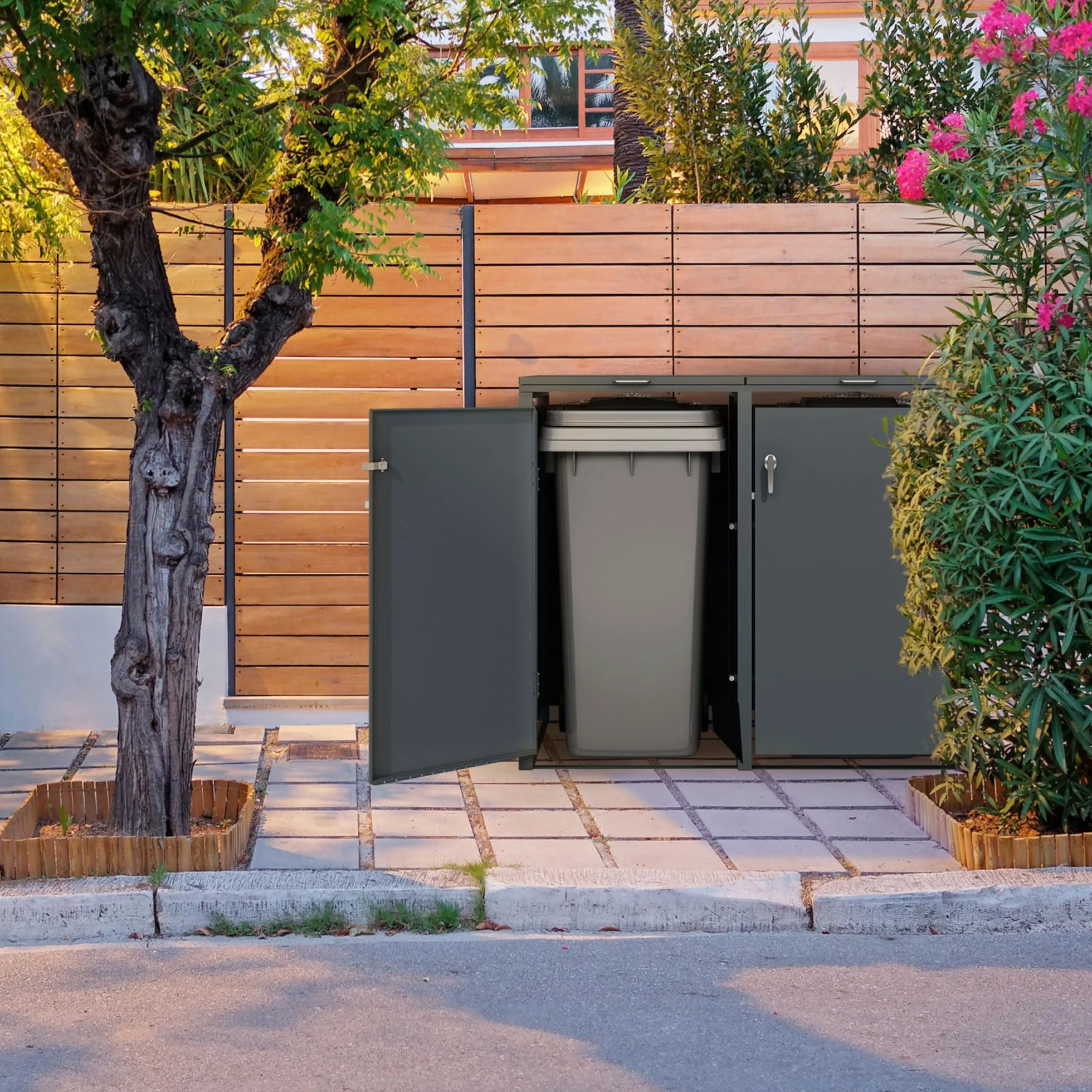 ML-Design Caseta de Acero para Jardín Exterior Cobertizo para 4 Cubos de Basura 240L Antracita 264x80x116,3 cm