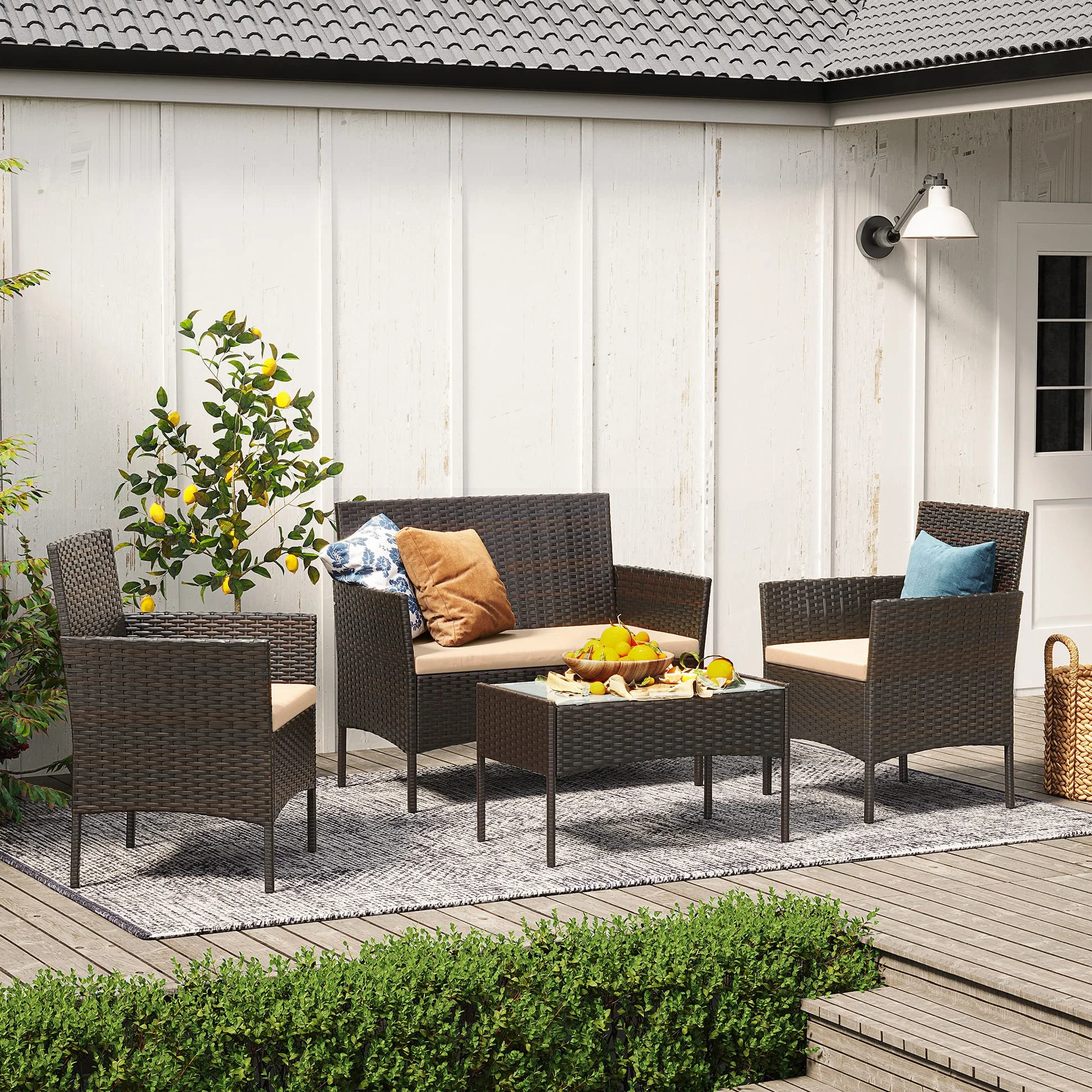 SONGMICS Conjunto de Muebles de Jardín Ratán Mimbre PE Marrón GGF004K05