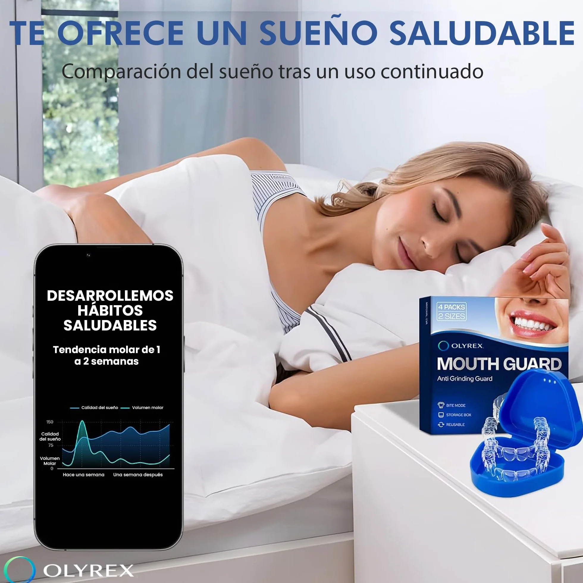 OLYREX® Ferula Descarga Bruxismo 4 Piezas 2 Tamaños Protector Bucal Ajustable Moldeable Reutilizable