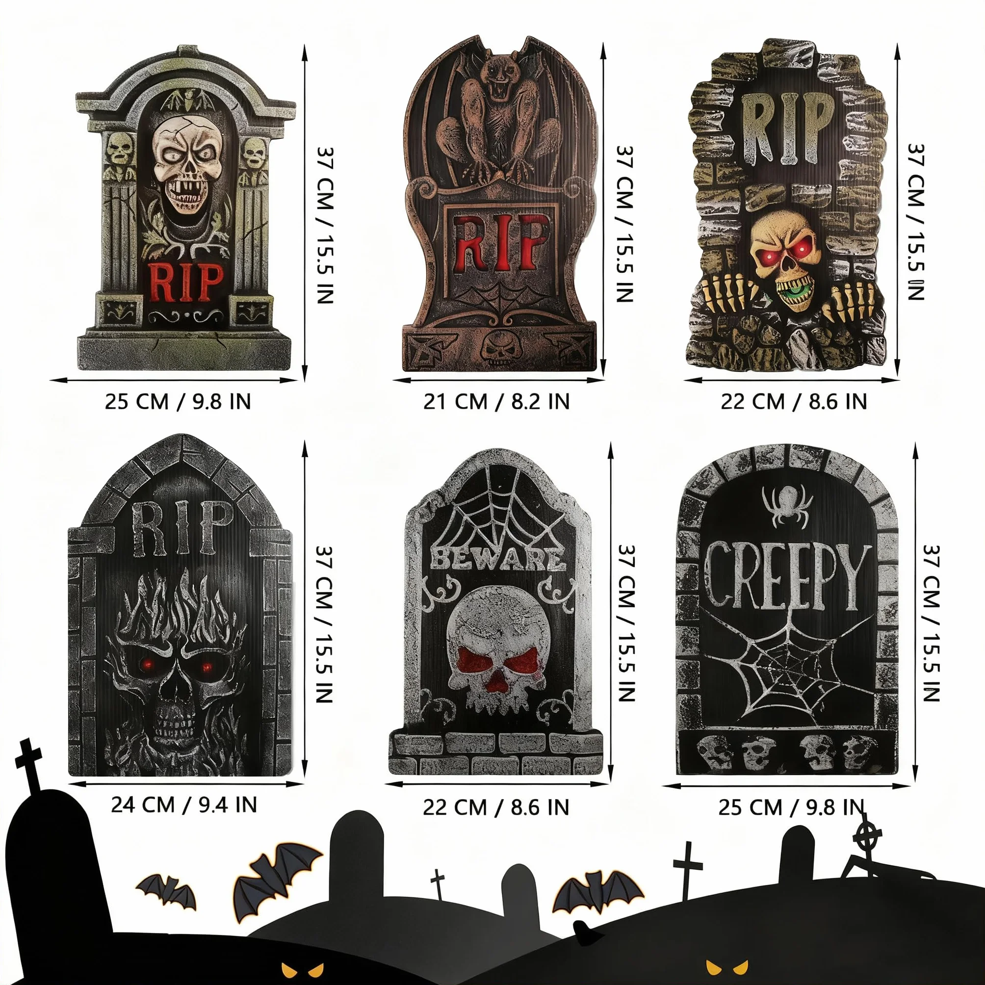 Decoración Lápidas Halloween con Luces LED 6 Unidades Plástico Gris 12 Estacas Jardín Cementerio Tiras Luz Azules Verdes 3 Modos