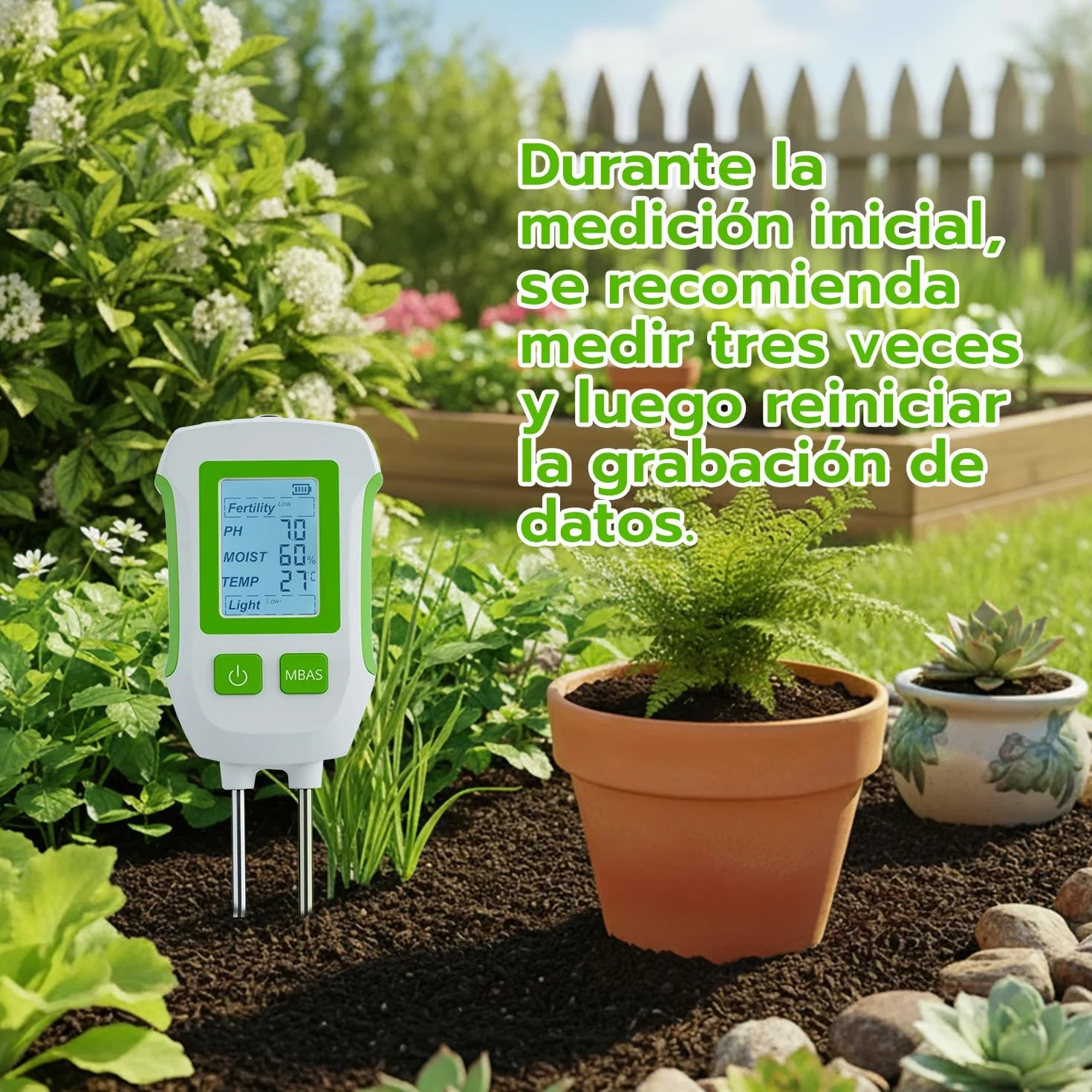 Mcbazel Medidor de Suelo 5 en 1, Analizador de pH, Humedad, Temperatura y Luz con Sonda Dual, Pantalla LCD