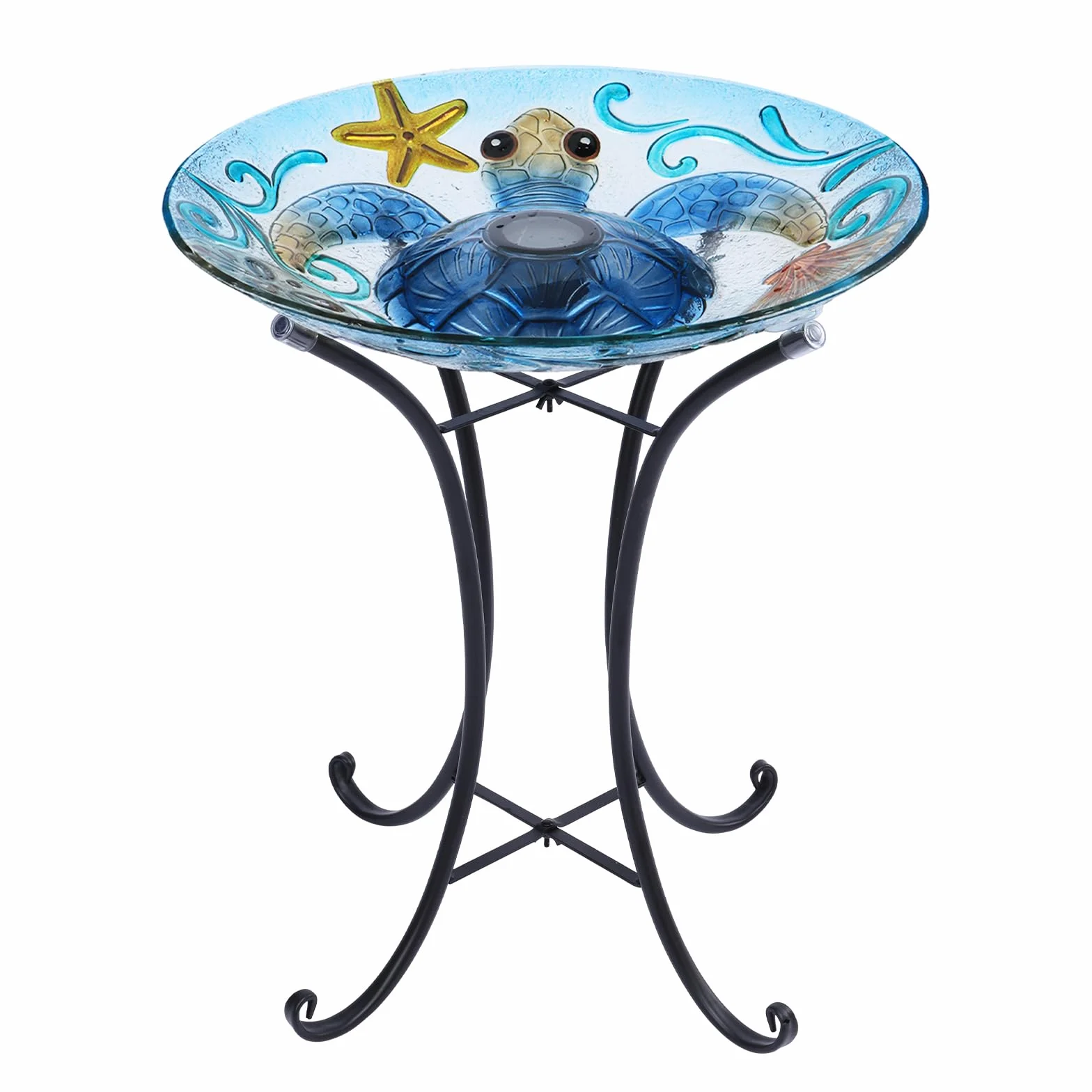 MUMTOP Glass Bird Bath, Bird Baths for Outdoors, Solar Birdfeeder with Metal Stand for Garden, Yard, Lawn Decor Sea Turtle Pattern(Blue, 21.5"X18")