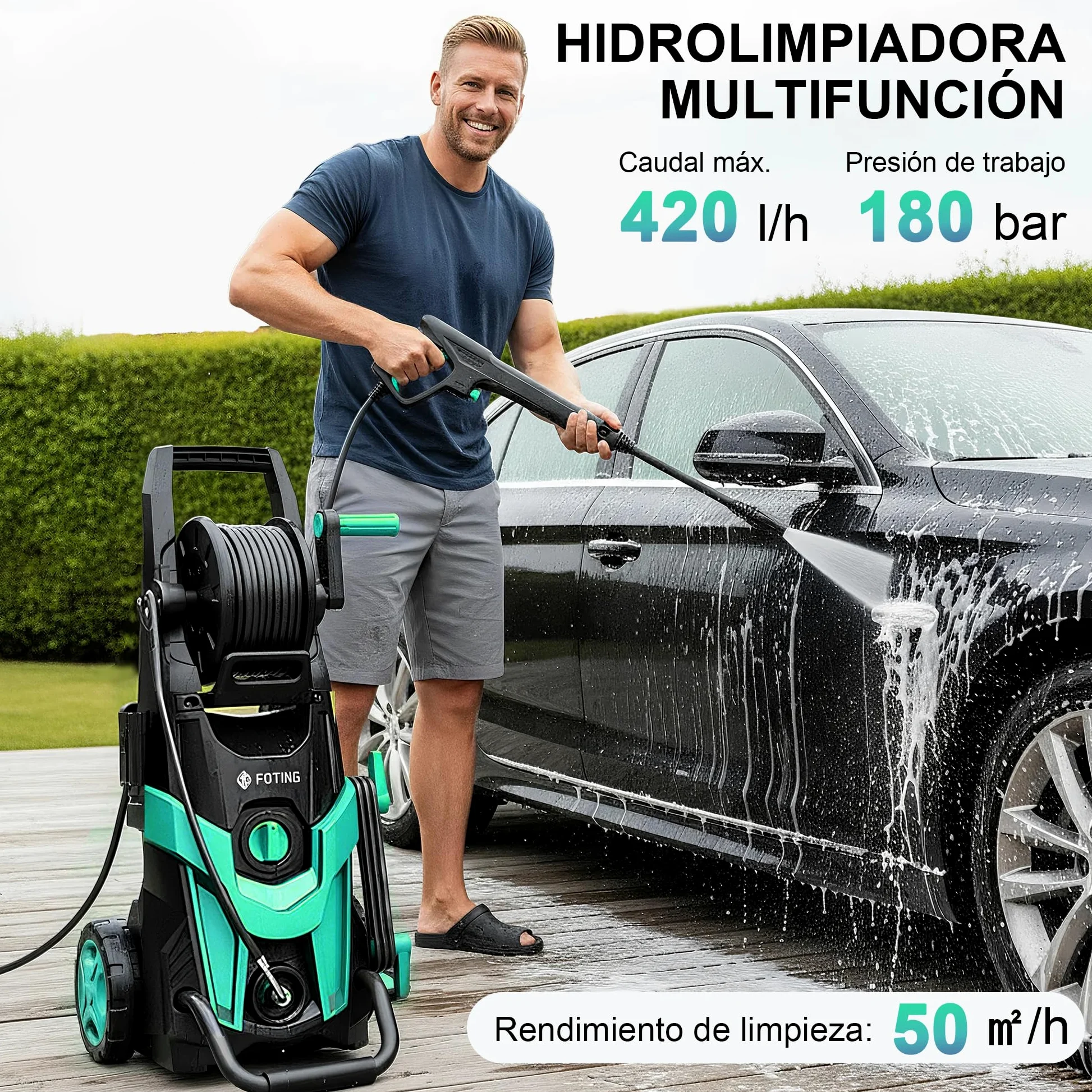 2026NEW Hidrolimpiadora de Alta Presión 180 Bar, 420 l/h, con Carrete para Manguera, Depósito de Espuma y Boquilla Ajustable 6 en 1, Rendimiento de hasta 50 m²/h, para Coche, Terraza y Jardín
