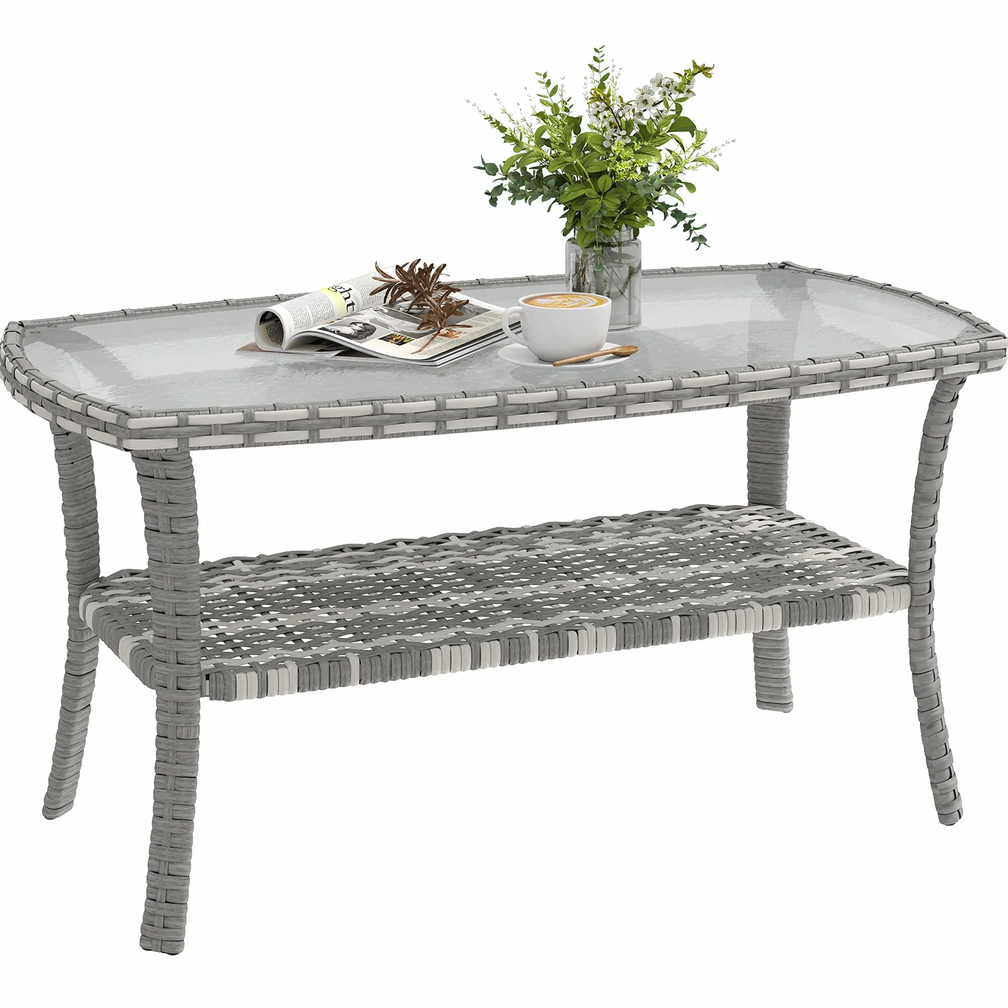 Outsunny Mesa de Jardín Exterior Ratán con Estante 90x50x45 cm Gris Oscuro | Mesa Baja Exterior, Mesita Auxiliar Rectangular, Vidrio Templado Ondado, Acero, Terraza, Patio