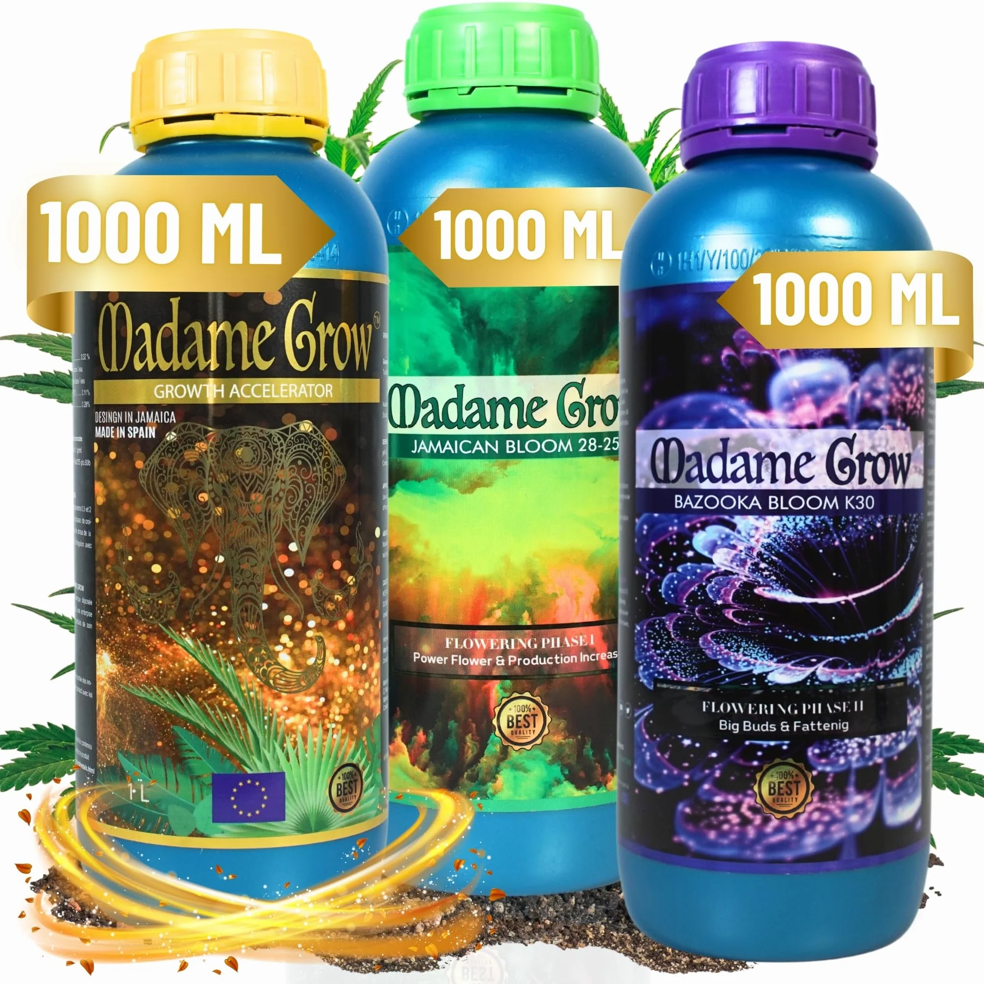 MADAME GROW Kit Power 3PACK 3 x 1 Litro | Pack Fertilizantes Crecimiento Floración y Engorde | Enraizante + PK Floración + Engordador K30 | Kit 3 Abonos Orgánicos