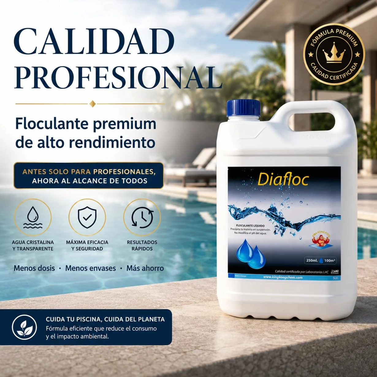 DIASA INDUSTRIAL Floculante líquido para Piscinas SUPERCONCENTRADO - DIAFLOC - clarifica el Agua turbia - 5 litros