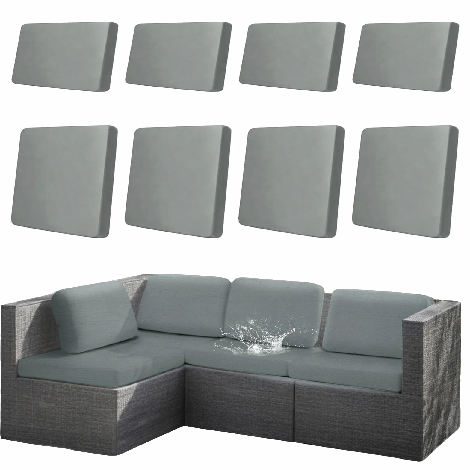 Funda para Cojín Exterior Impermeable 8 Piezas, Fundas Elásticas Antimanchas para Sofá de Jardín, Muebles de Ratán (Gris Claro)