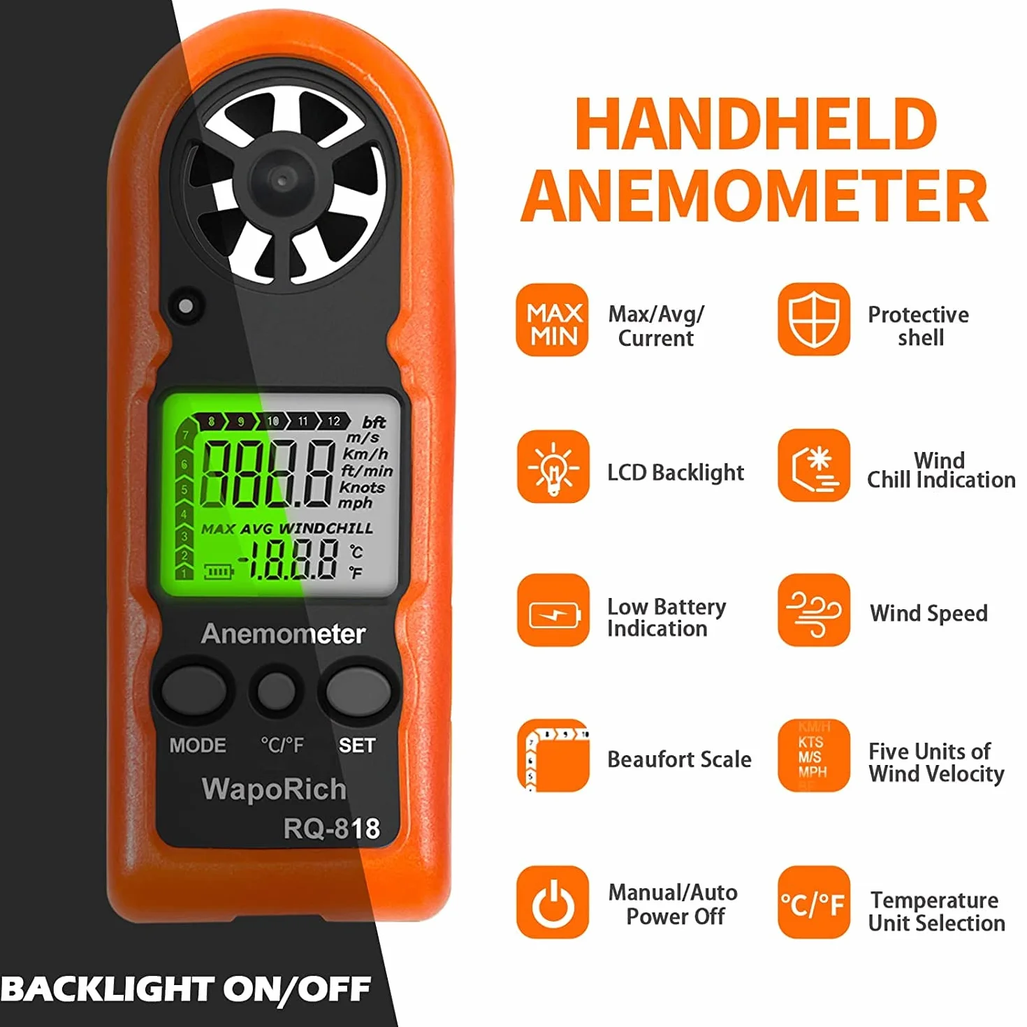 Anemómetro Mano RQ-818 Medidor Velocidad Viento Digital LCD Retroiluminada Temperatura Sensación Térmica Dron HVAC