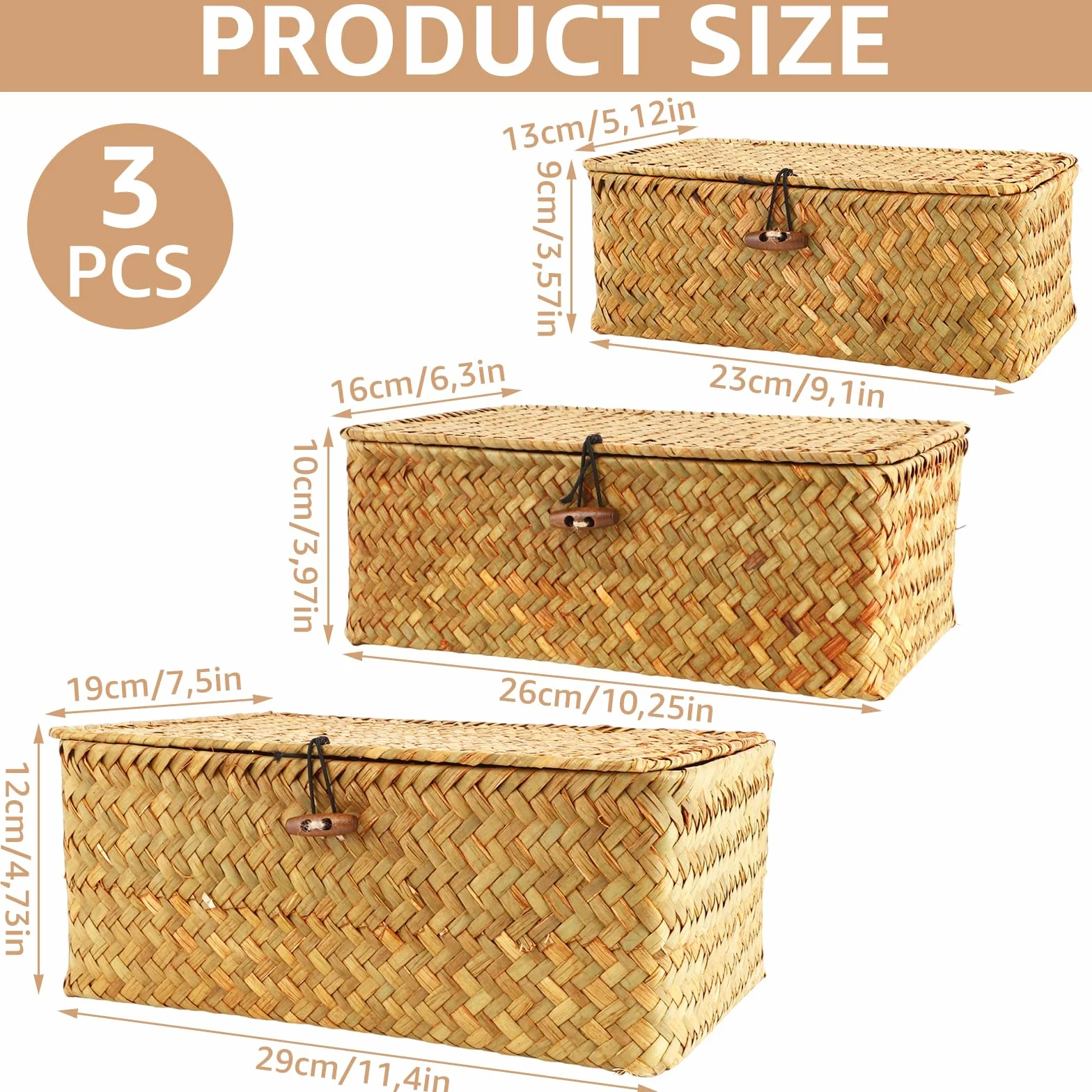 APACALI Juego de 3 cestas de almacenamiento de ratán con tapa, cesta rectangular de algas marinas naturales para estanterías
