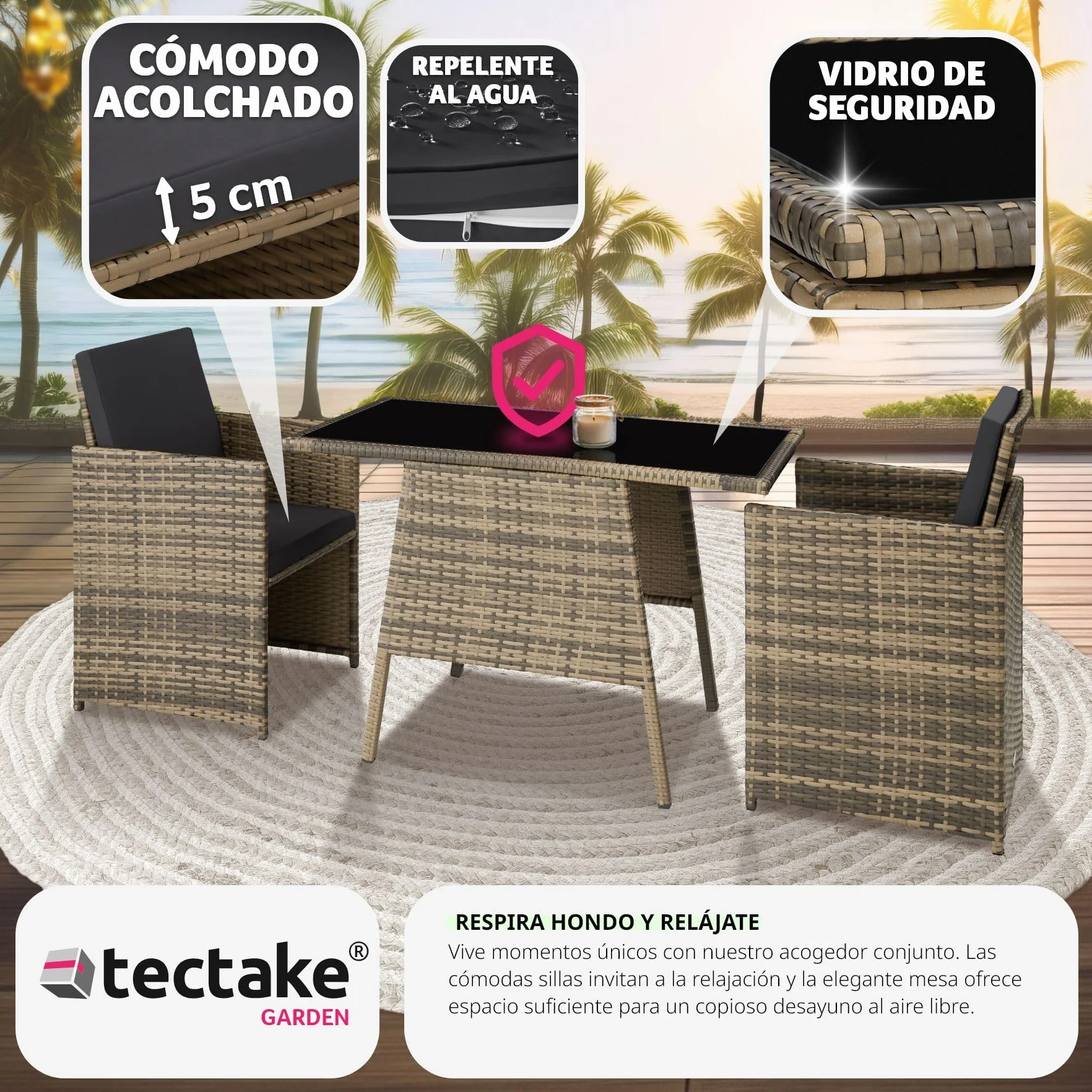 tectake Conjunto Jardín Exterior Ratán Aluminio 2 Sillas Cojines Mesa Cristal Apilable
