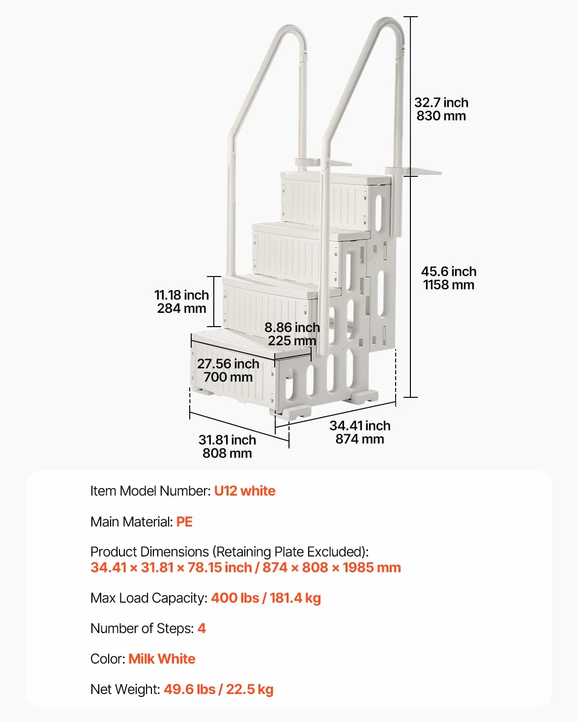 VEVOR Escalera para Piscina 4 Escalones con Pasamanos Dobles Antideslizantes 181,4 kg 874 x 808 x 1985 mm Blanco Leche