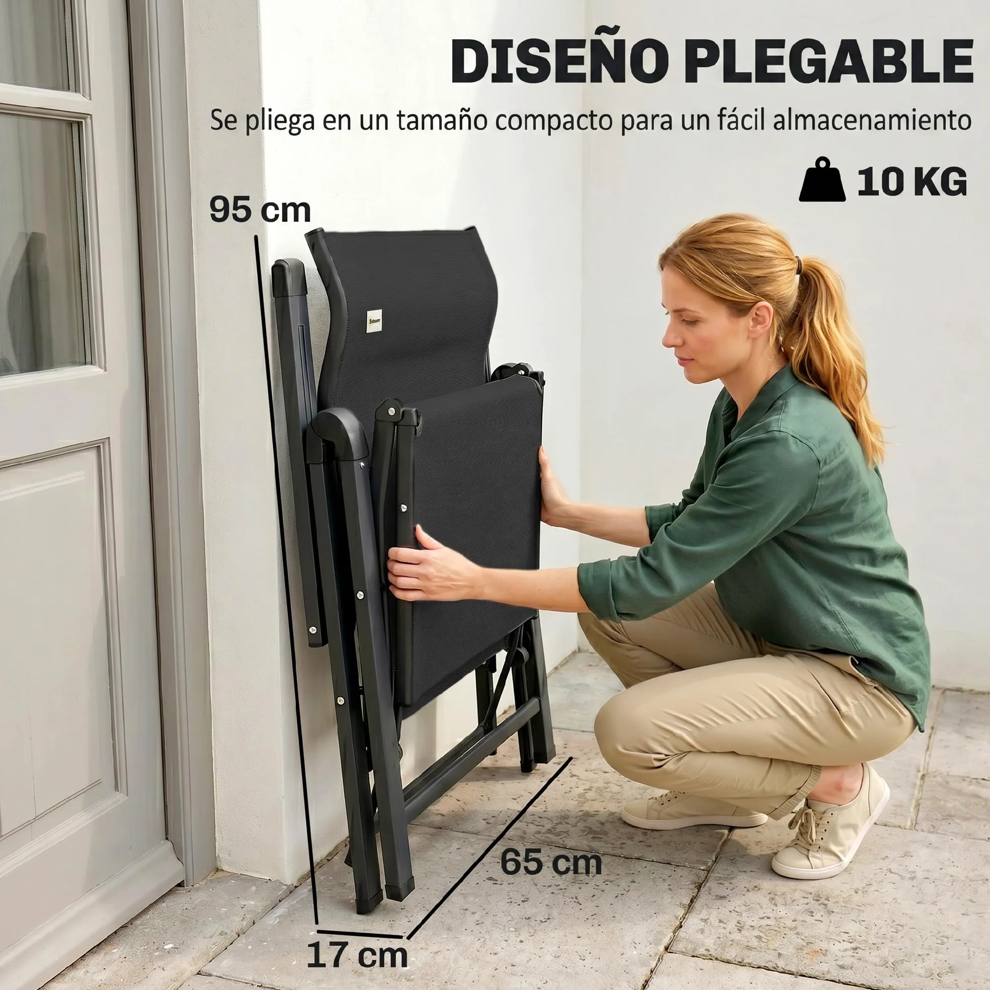 Outsunny Silla Reclinable Plegable de Jardín 9 Posiciones 150 kg Negro | Respaldo Ajustable, Cojín Lumbar, Estructura de Acero y Textilene Transpirable