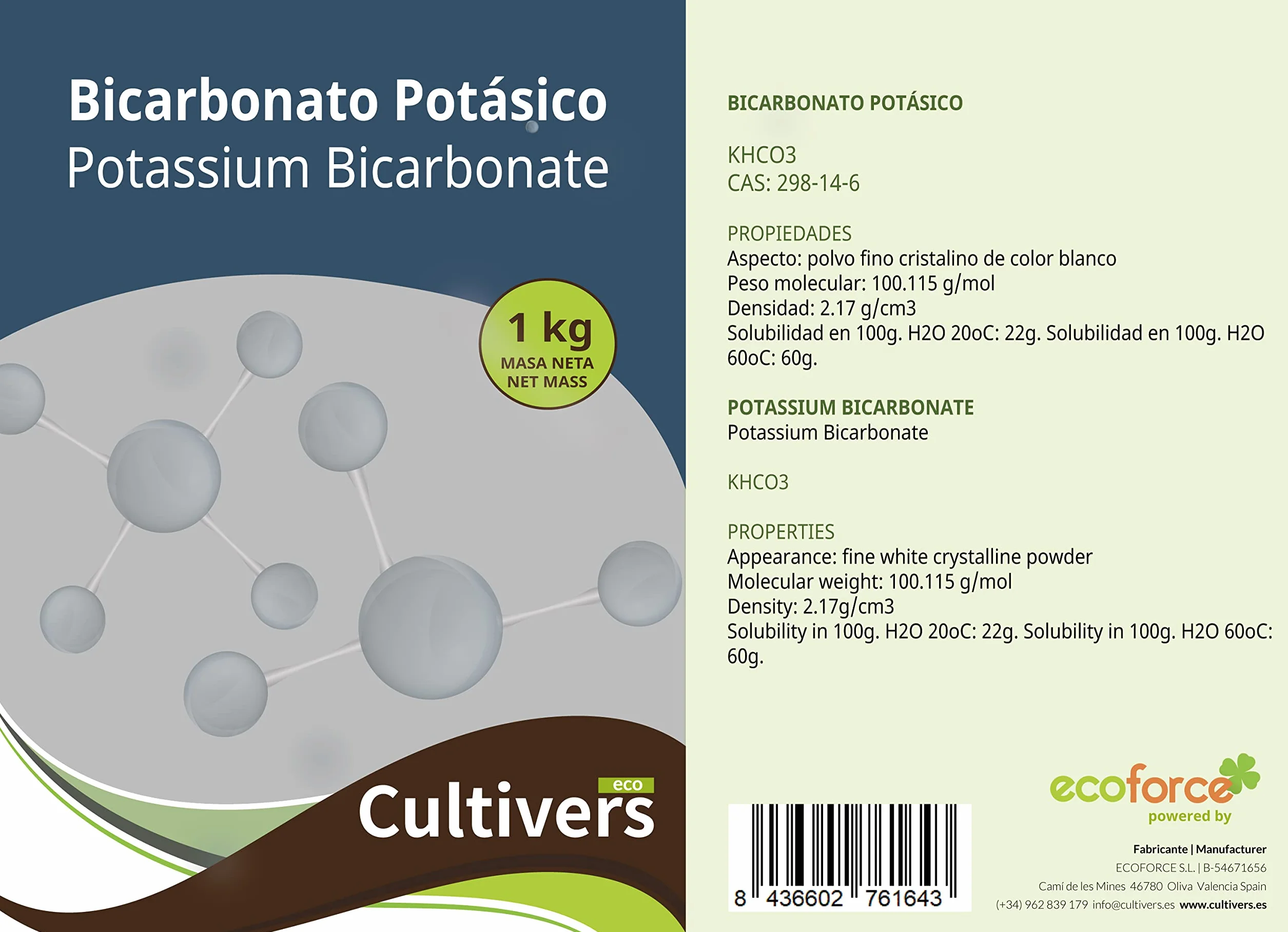 CULTIVERS Bicarbonato de Potasio 1 kg Polvo Soluble Jardinería Agricultura