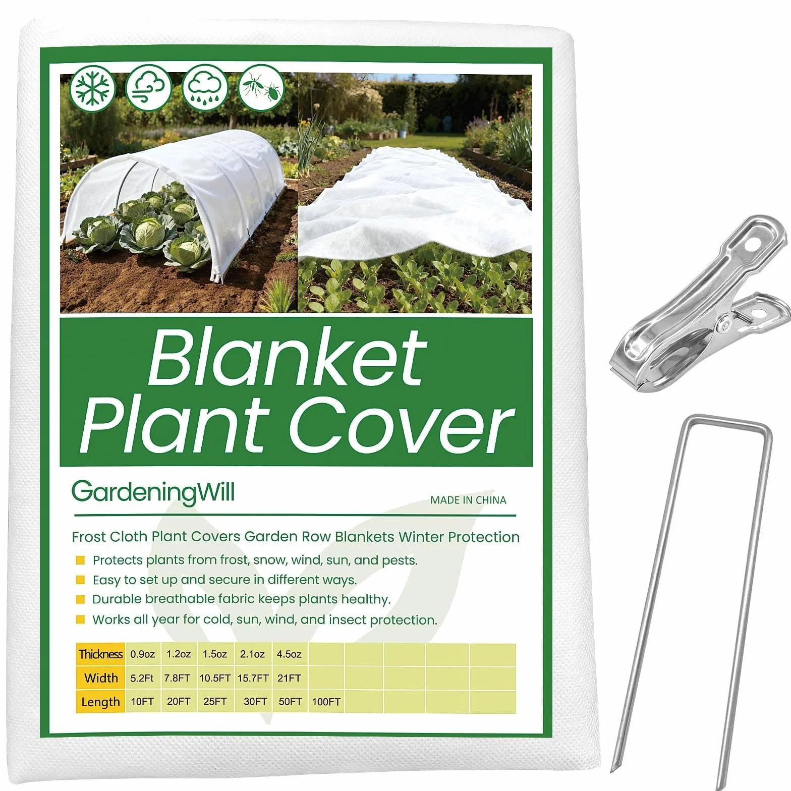 Cubierta para plantas de protección contra heladas de 10.5 pies x 50 pies, manta de congelación de jardín de 1.2 onzas/yd² con clips y estacas para protección de plantas de invierno al aire libre