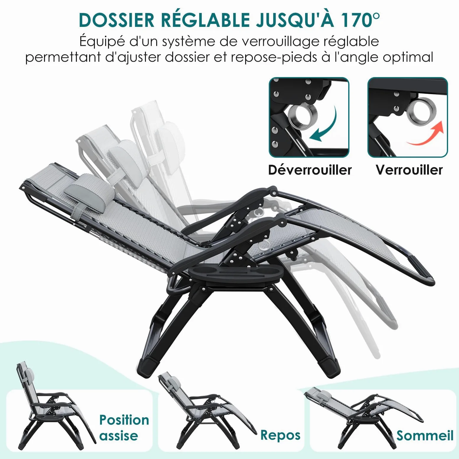 ATORPOK acolchado Zero Gravity Lounge Chair – Inclinación de Patio Plegable con toldo ajustable, reposacabezas y portalámparas para patio trasero, borde de piscina y playa (Gris)