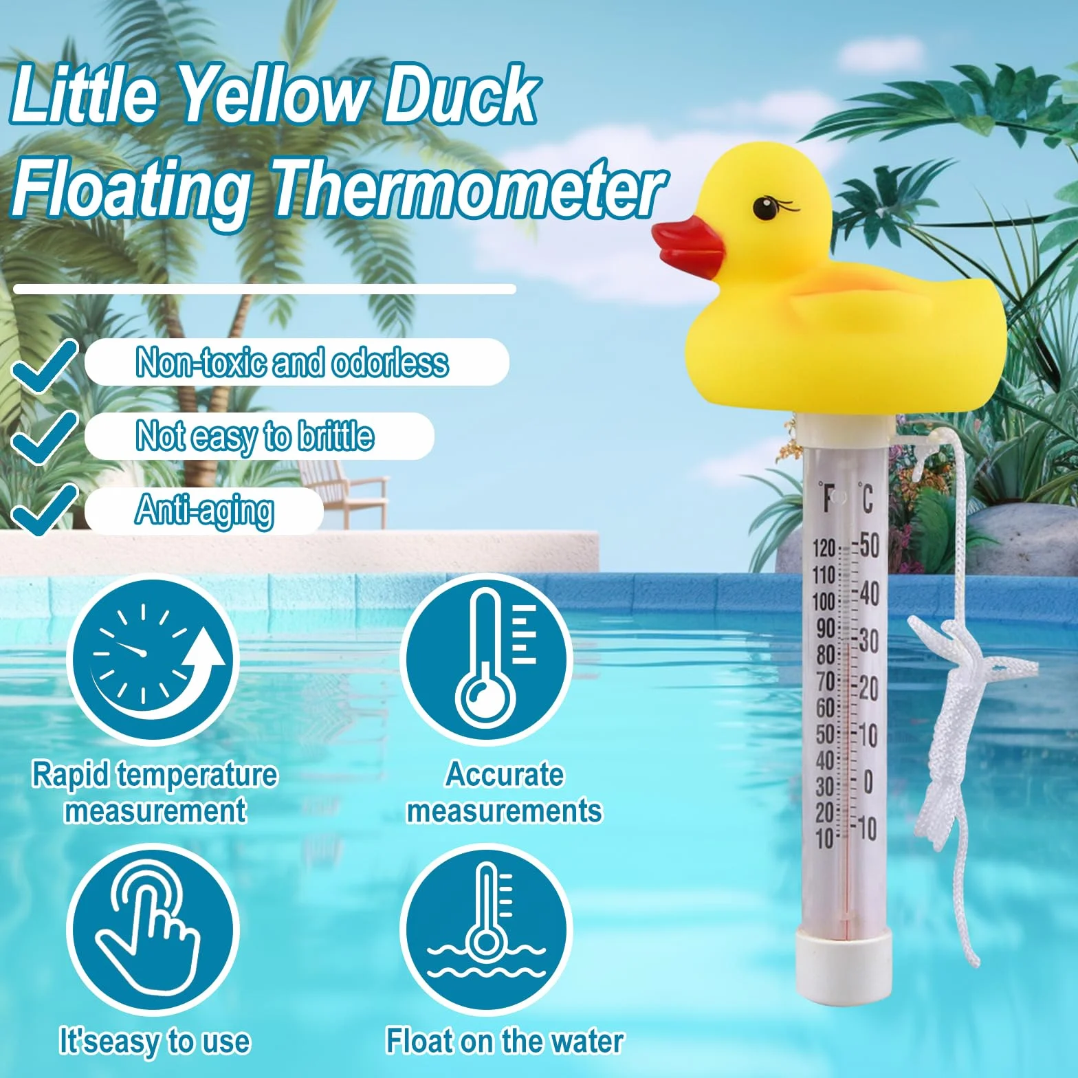 Termómetro Piscina Flotante Forma de Animal Pato con Cuerda Antiderrame Exterior