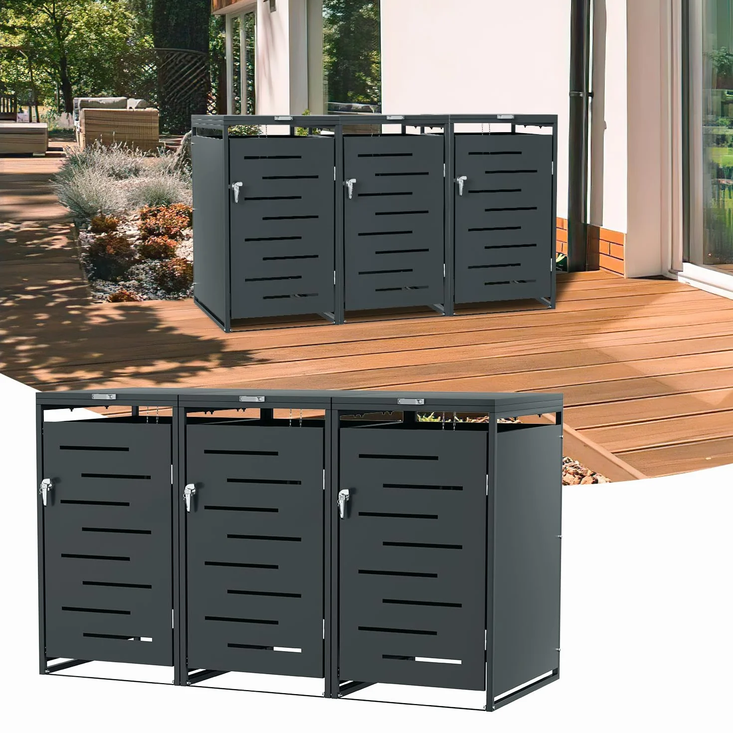 Caja para 3 cubos de basura 120L 240L acero resistente intemperie ventilación antracita