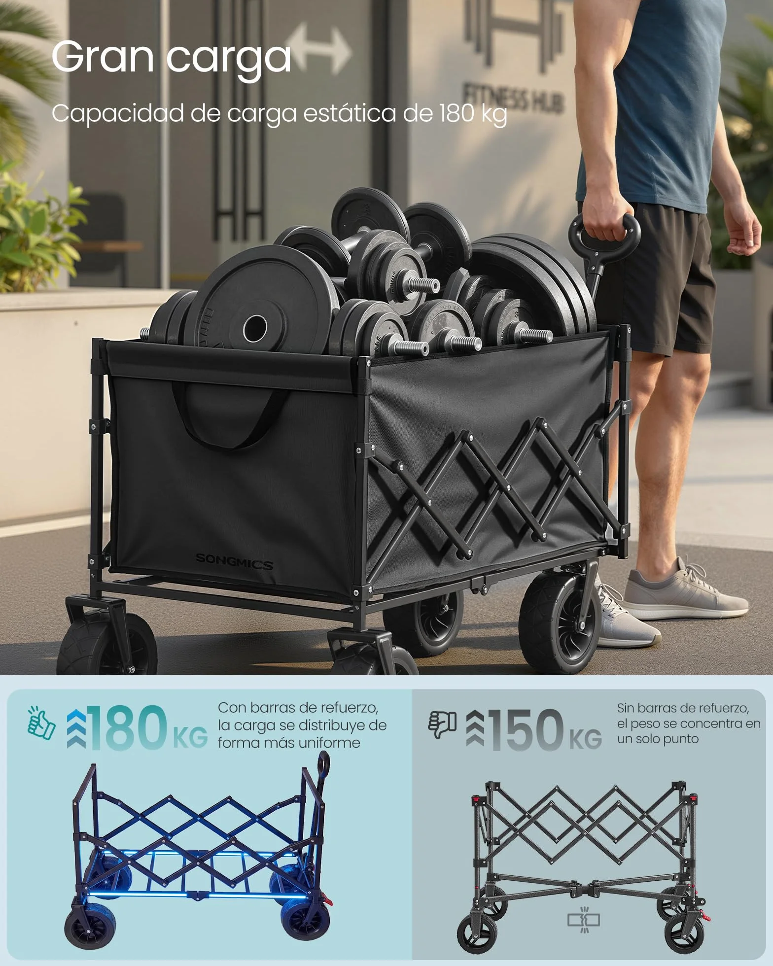 SONGMICS Carro Plegable de Jardín 180 kg 200 L 4 Ruedas Reforzadas Negro Tinta GFW201B101