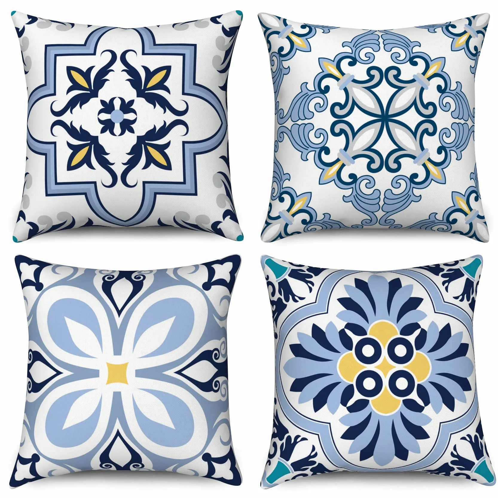 Funda de cojín Boho 50x50 Juego de 4, Azul y Amarillo Retro Geométrico Mandala Floral, Lino para Sofá Cama Exterior