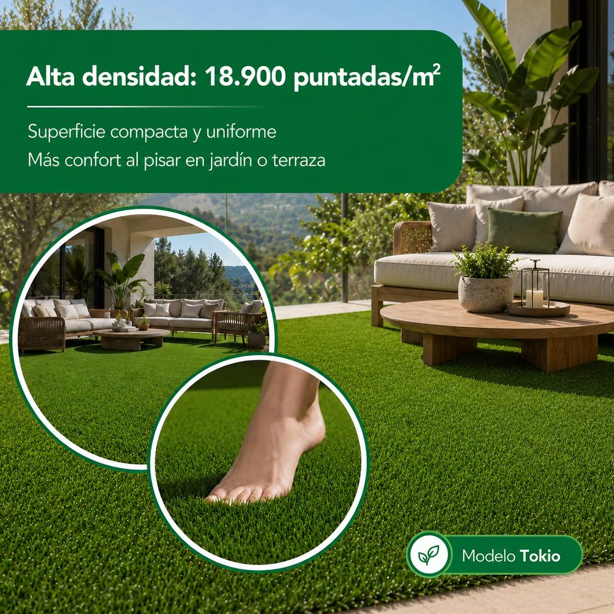 Césped Artificial TOKIO 40 mm 2x5 m Rollo Resistente UV Alta Densidad 18.900 Puntadas Drenaje 800 l/h/m²