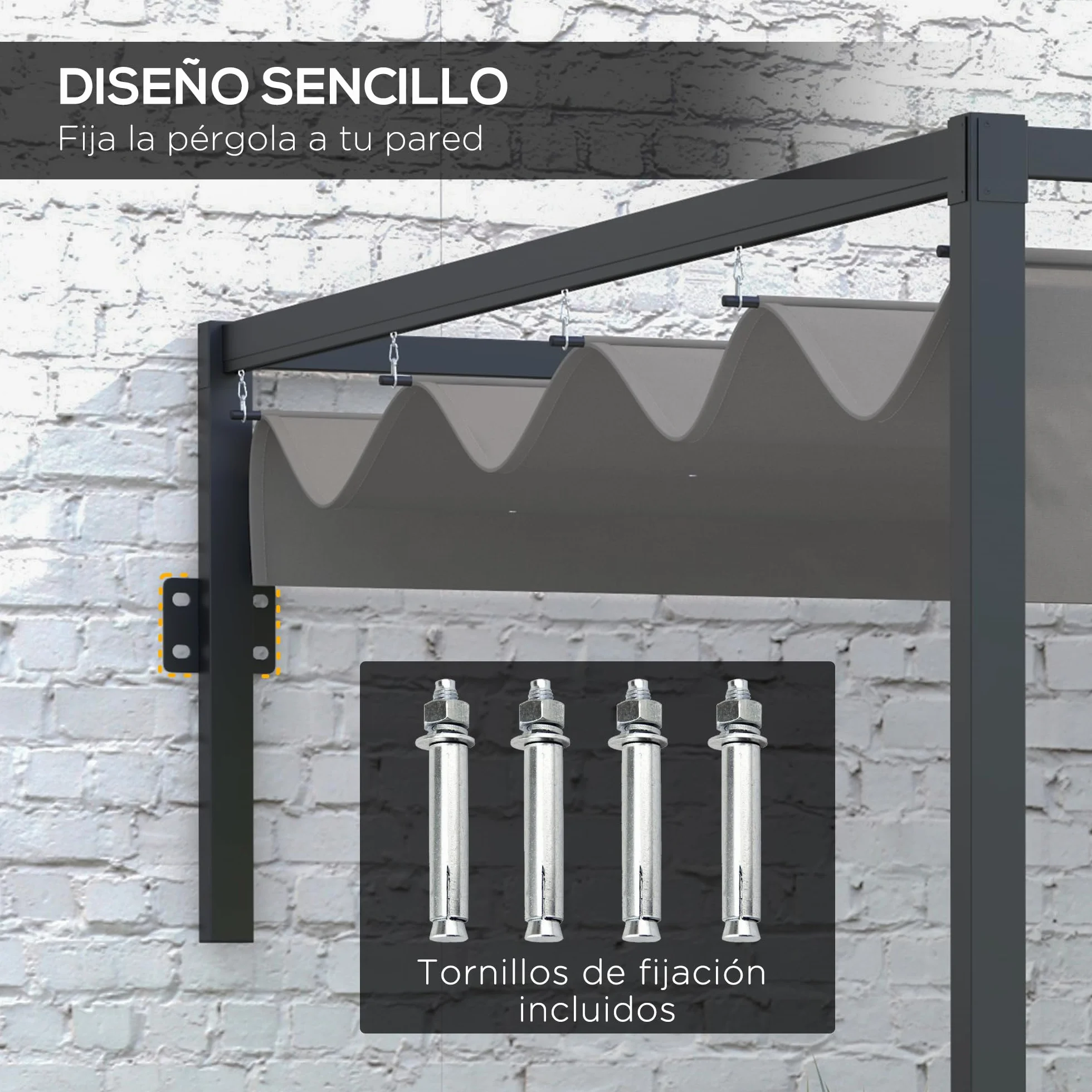 Outsunny Pérgola con Techo Retráctil Pérgola de Pared 3x2 m Cenador con Tela de Poliéster Resistente al Agua Pabellón para Jardín Patio Terraza Exterior Gris Oscuro