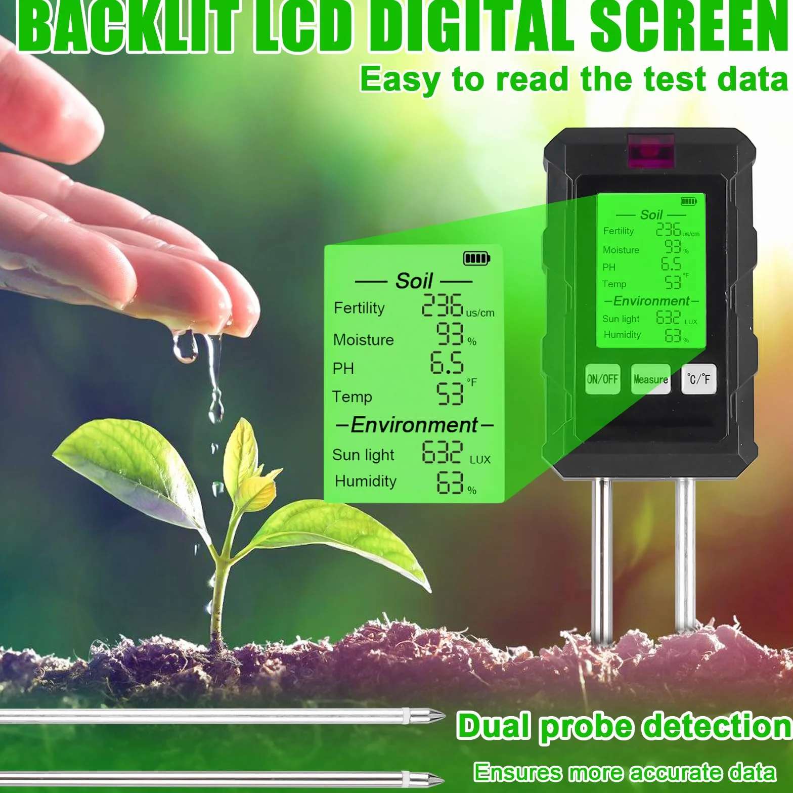 Vegena Medidor de humedad 6 en 1 para plantas, medidor de suelo pH temperatura luz solar humedad ambiental