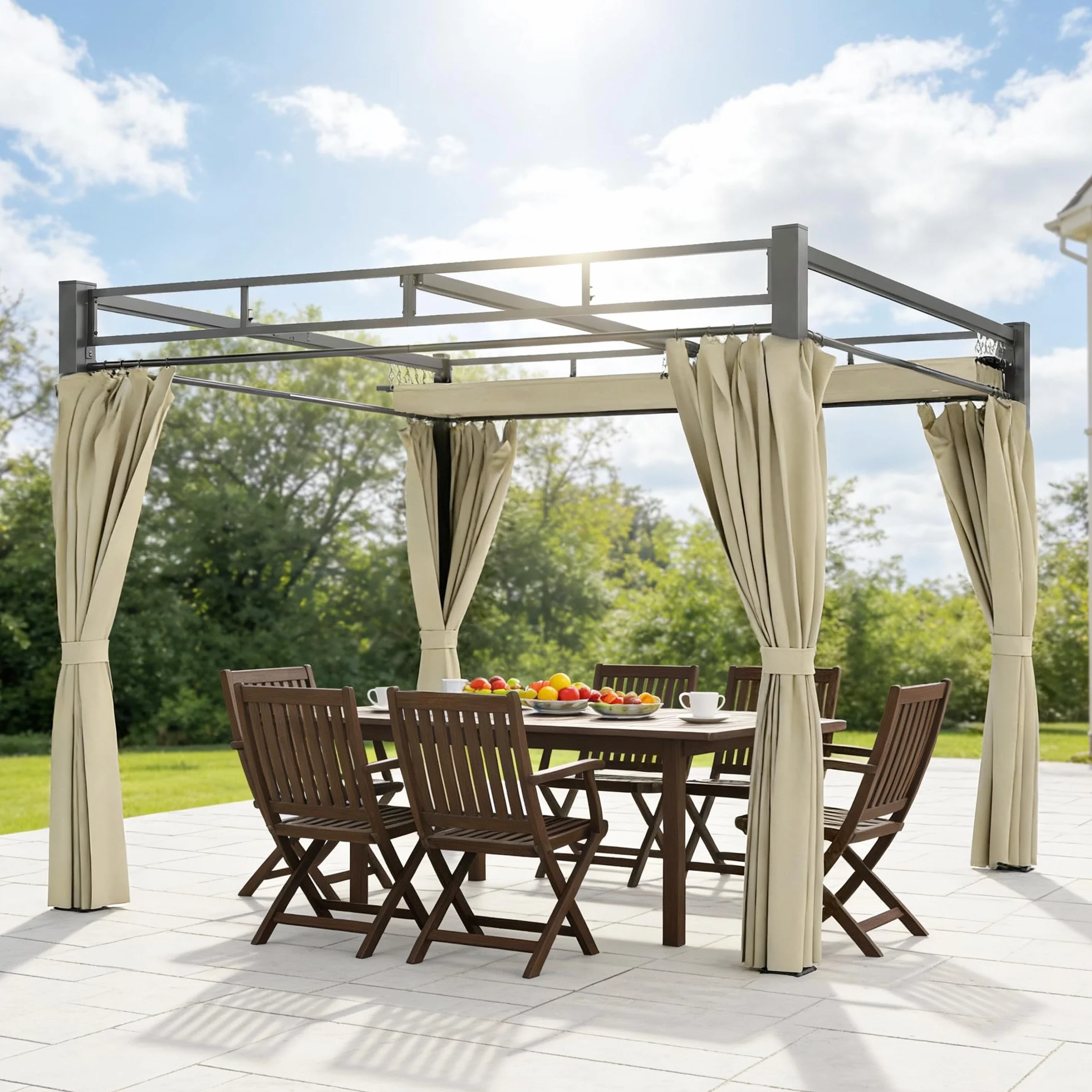 Outsunny Pérgola de Jardín 3x3 m con Techo Retráctil y 4 Cortinas, Cenador de Jardín con Protección UV30+, Impermeable, Estructura Metálica, Pabellón para Patio, Terraza, Exterior, Beige