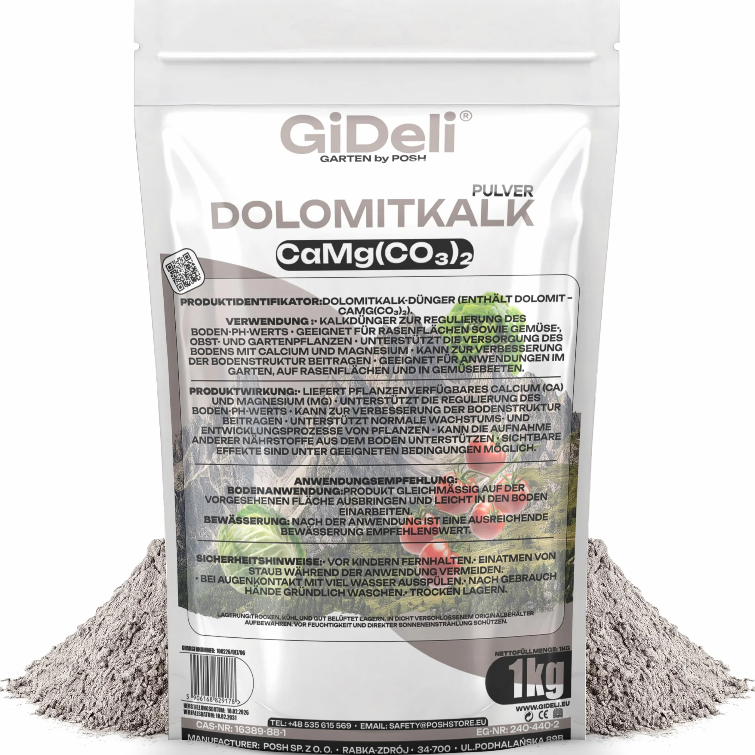 GiDeli Cal Dolomítica 1kg - Corrector pH Suelo Antimusgo - Cal para Césped y Huerto - Enmienda Natural Polvo Calcio Magnesio