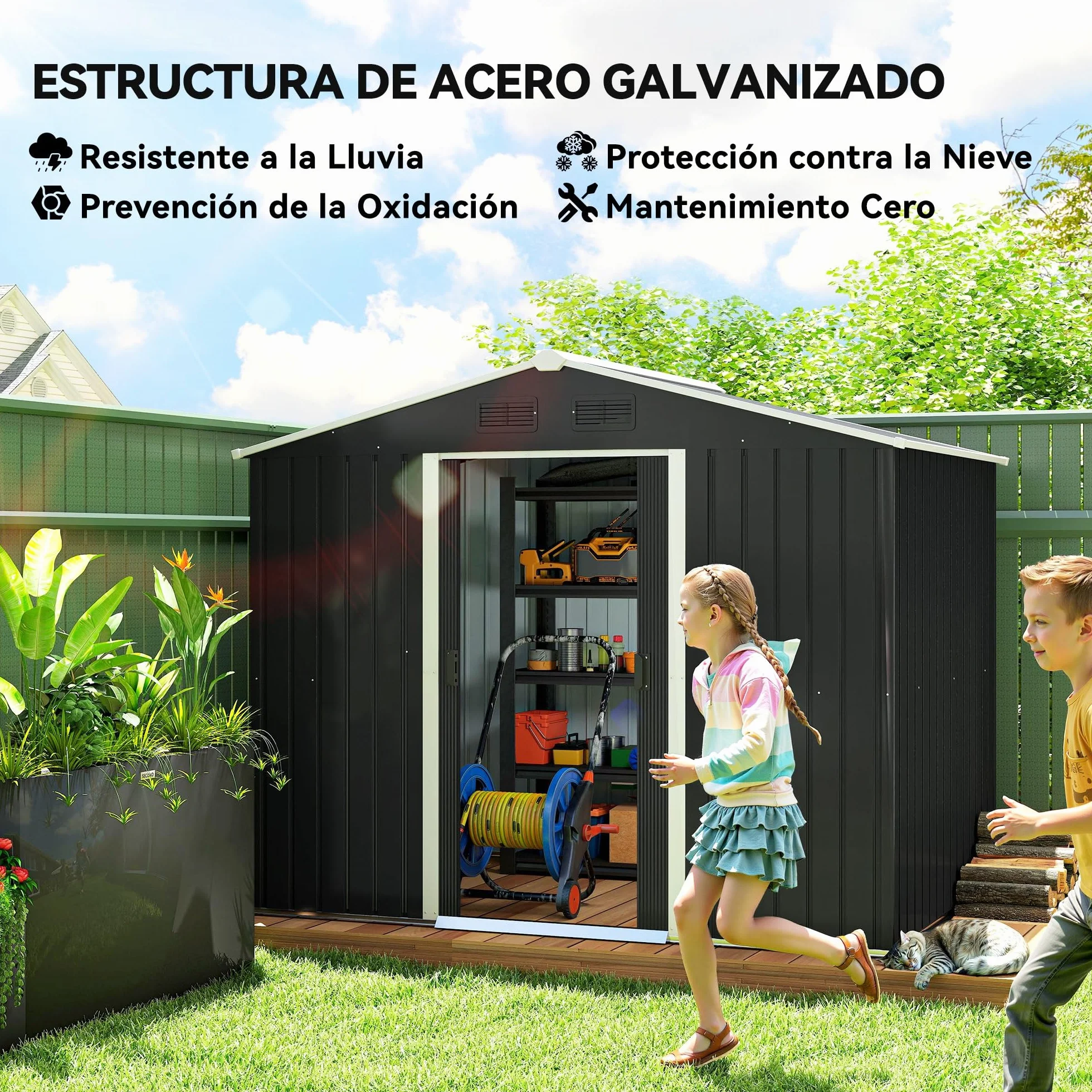 Outsunny Caseta de Jardín Exterior 3,6 m², 236x174x190 cm, Cobertizo Metálico con Puertas Correderas