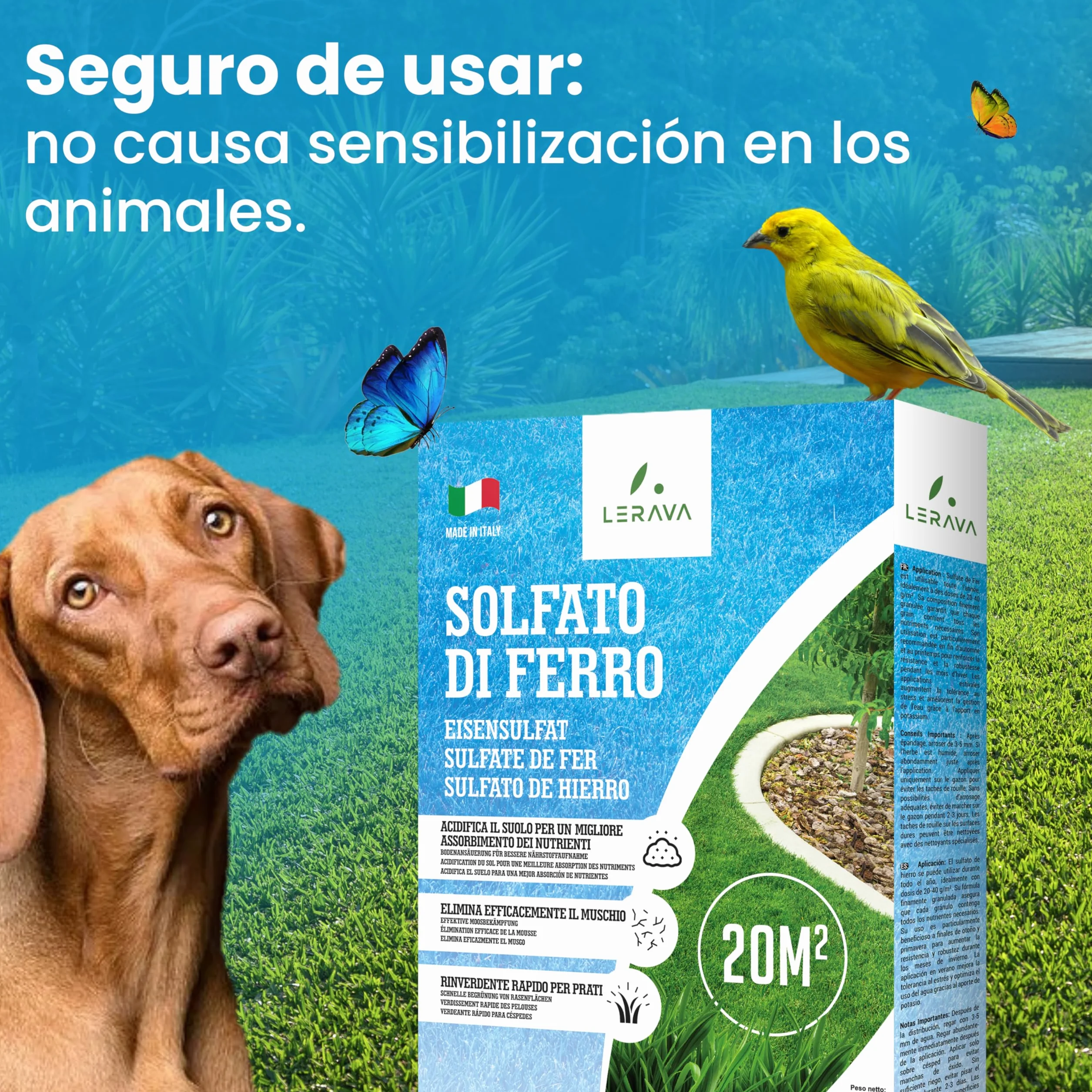 LERAVA Sulfato de Hierro Granulado Fertilizante para Plantas y Jardines Césped Árboles 20m²