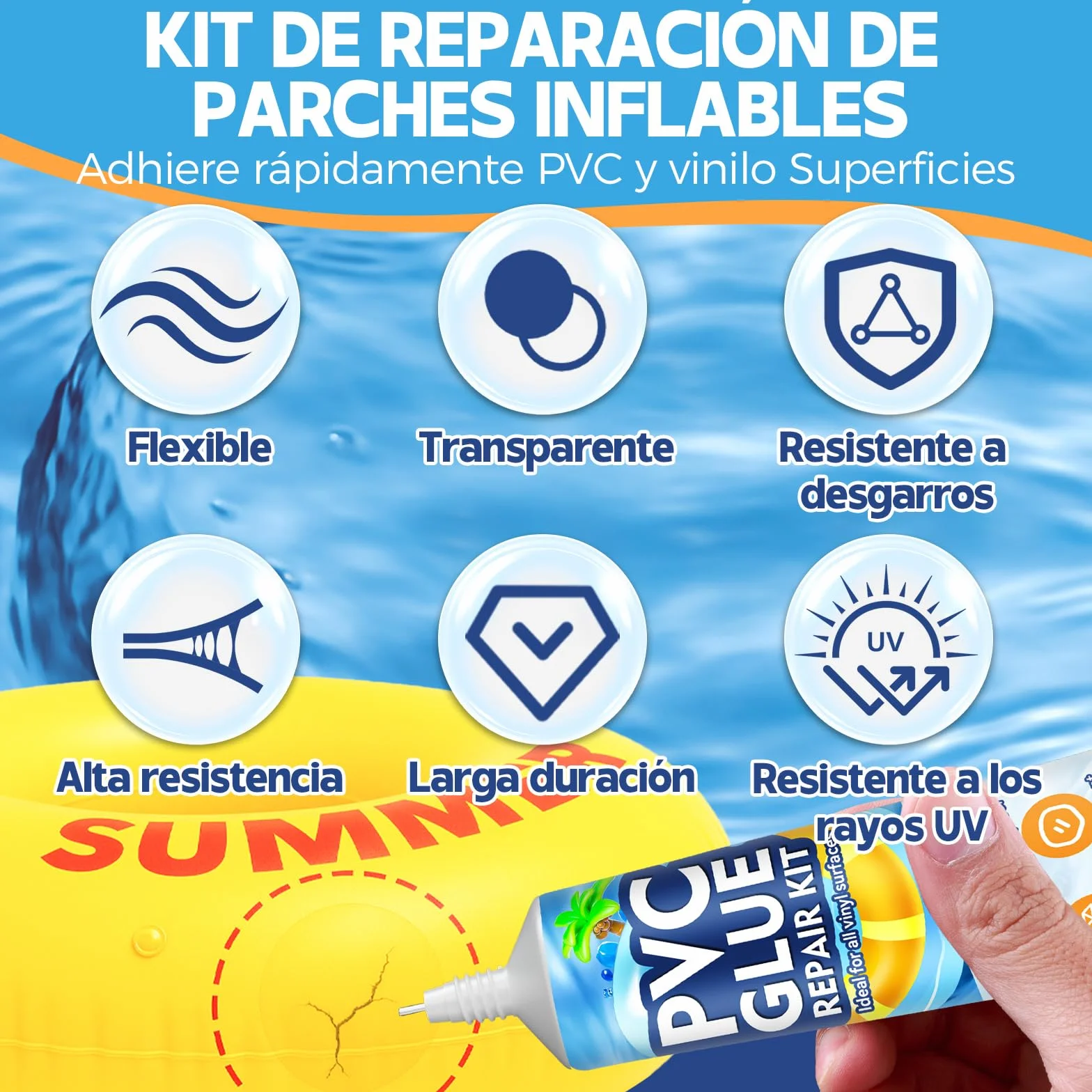 Parche Piscina con Pegamento PVC 60ml Kit Pinchazos Transparente Impermeable