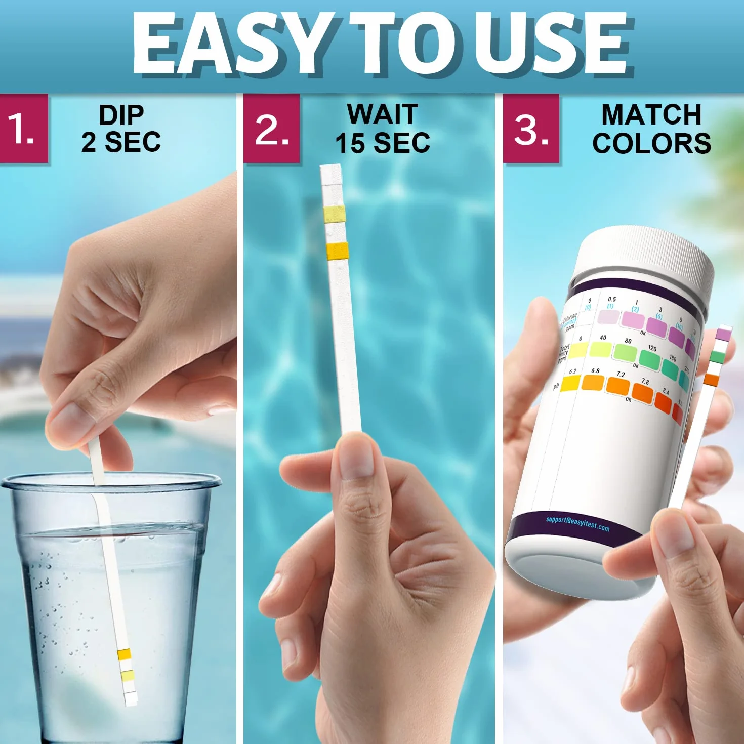 EASYTEST 150 Tiras de Prueba 3 en 1 para Piscina y SPA, Kit de Prueba de Agua pH Alcalinidad Cloro Bromo