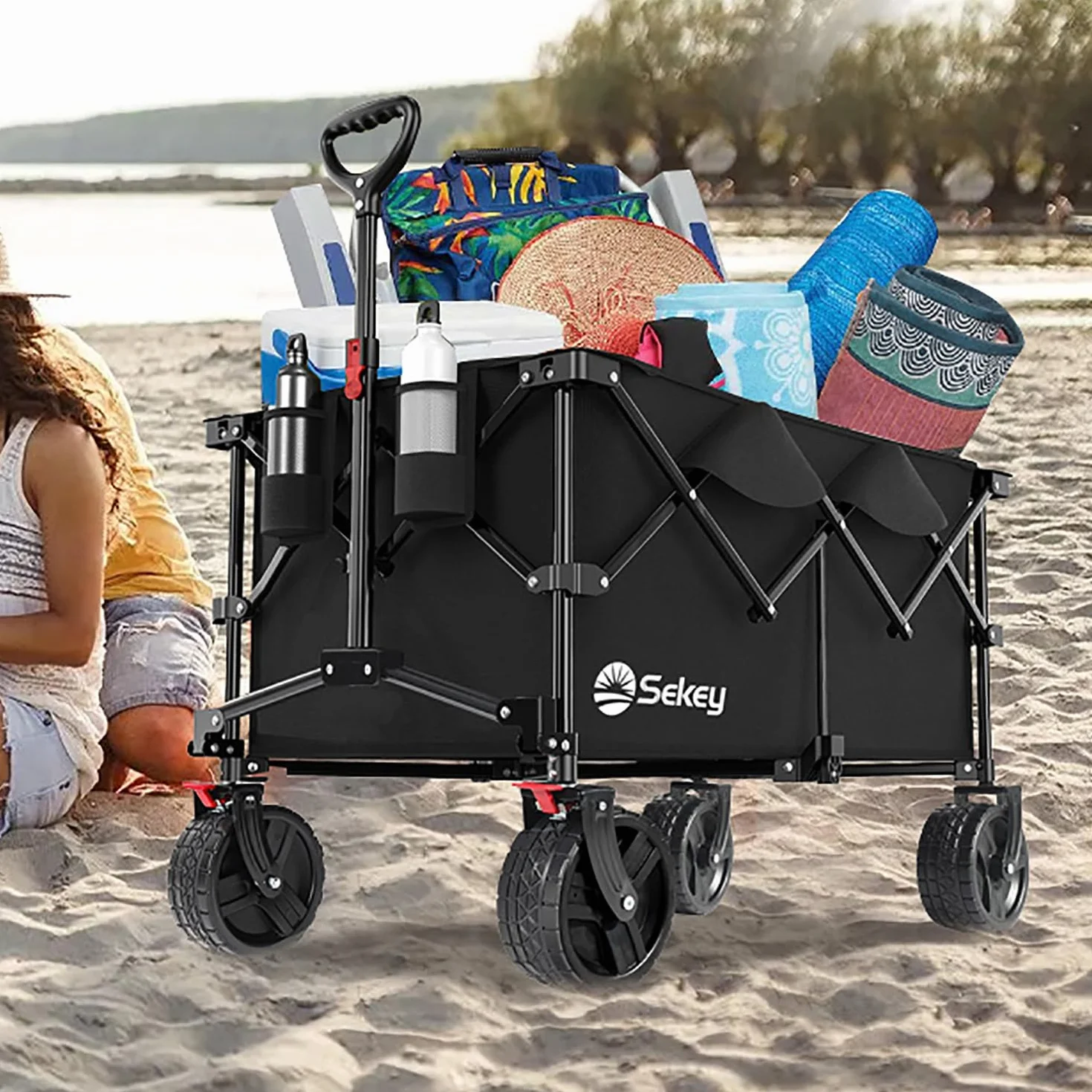 Sekey XXL Plus Carro Playa Ruedas Grandes con Frenos 200L 200KG, Carrito Plegable Todo Terreno SE4011, Negro Profundo