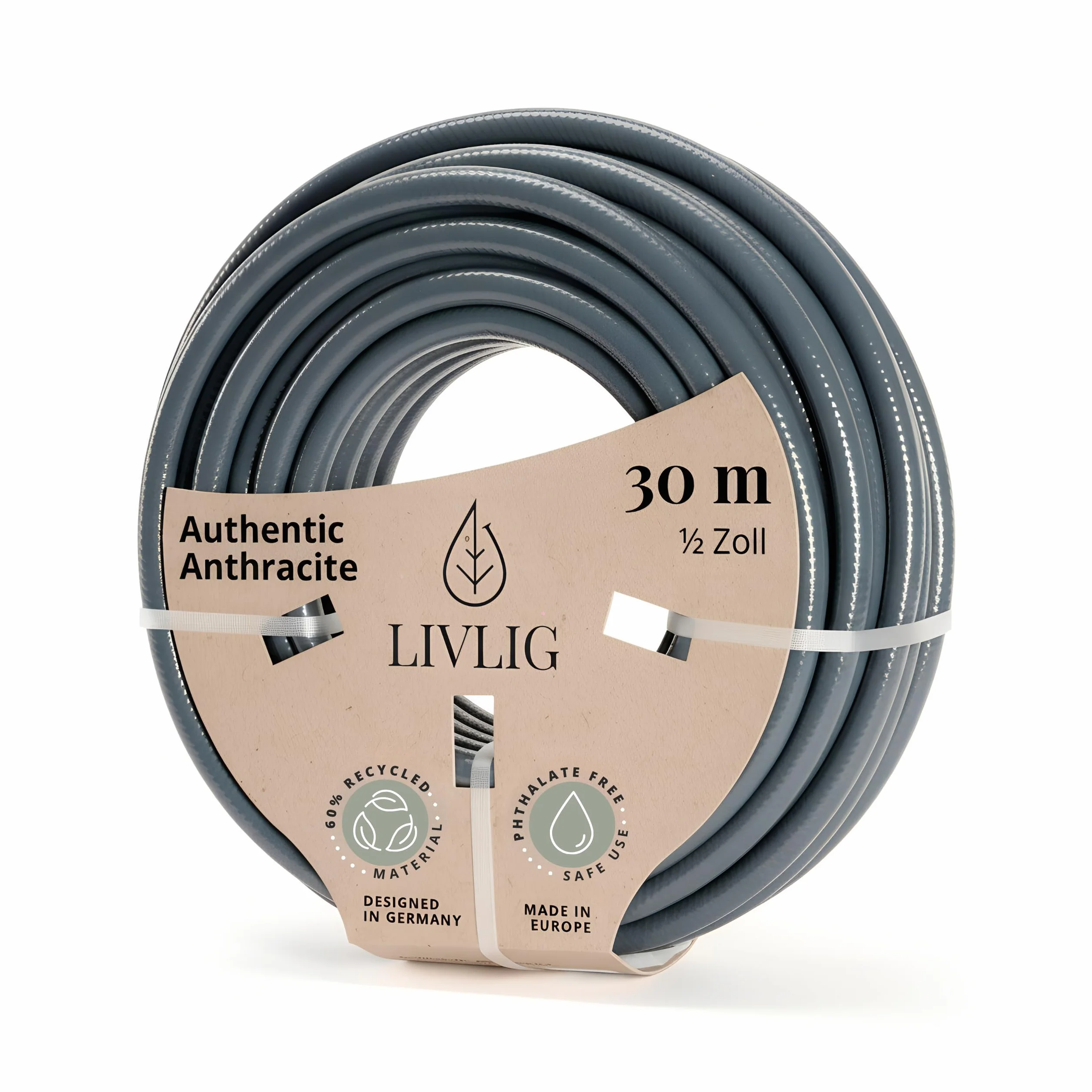 LIVLIG Manguera Jardin 30m – Manguera de Riego Flexible, 60% Reciclado, Resistente UV, Antitorcion, 1/2 Pulgada, Anthracite