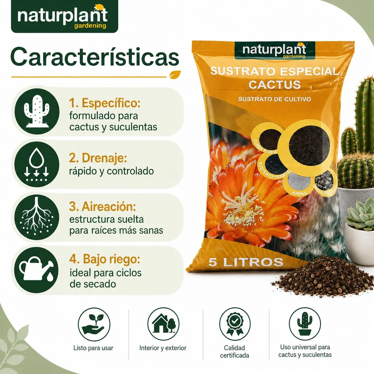 Sustrato Especial para Cactus 5 litros Naturplant