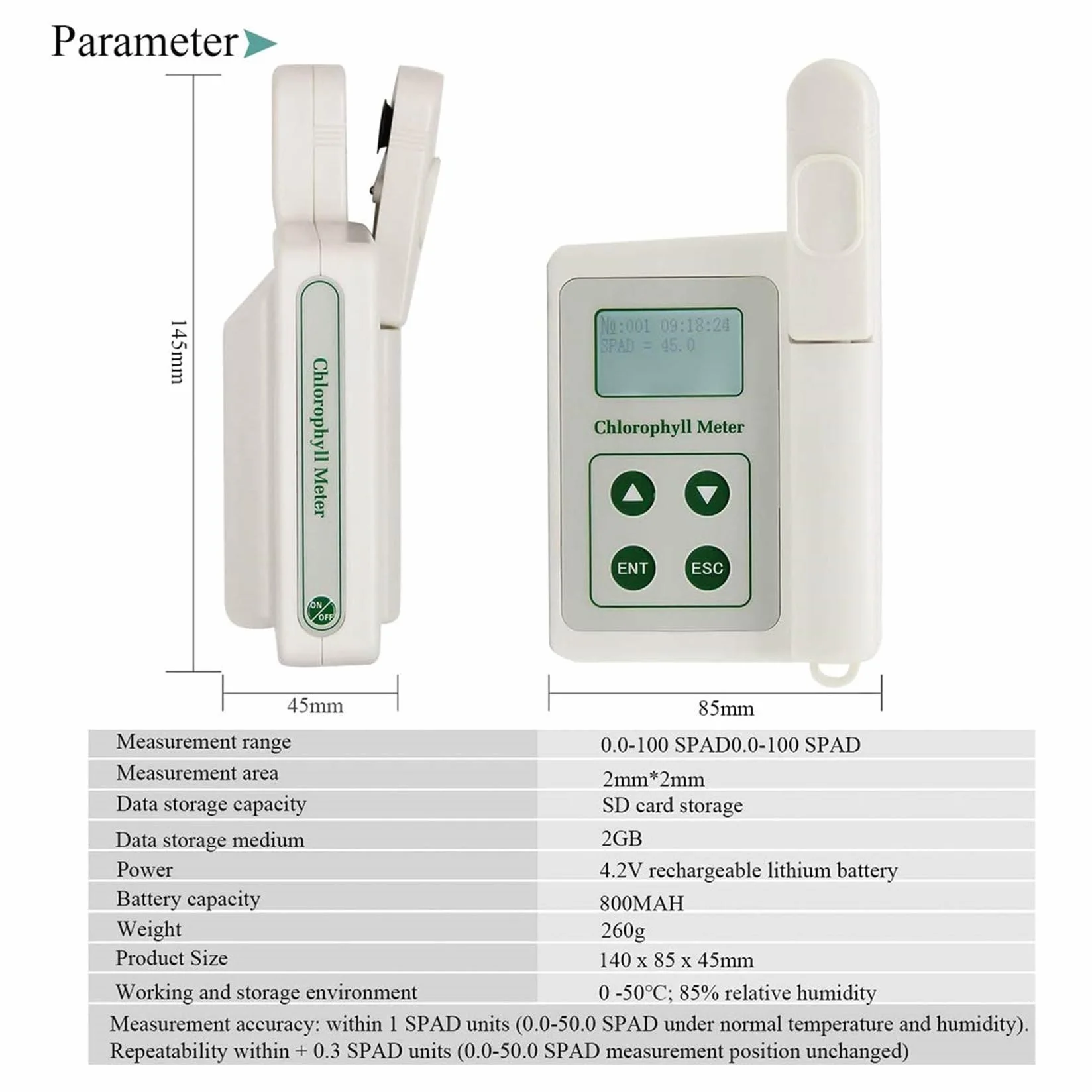 Medidor de Clorofila SPAD Portátil 0.0-99.9 Detector de Mano Analizador de Plantas
