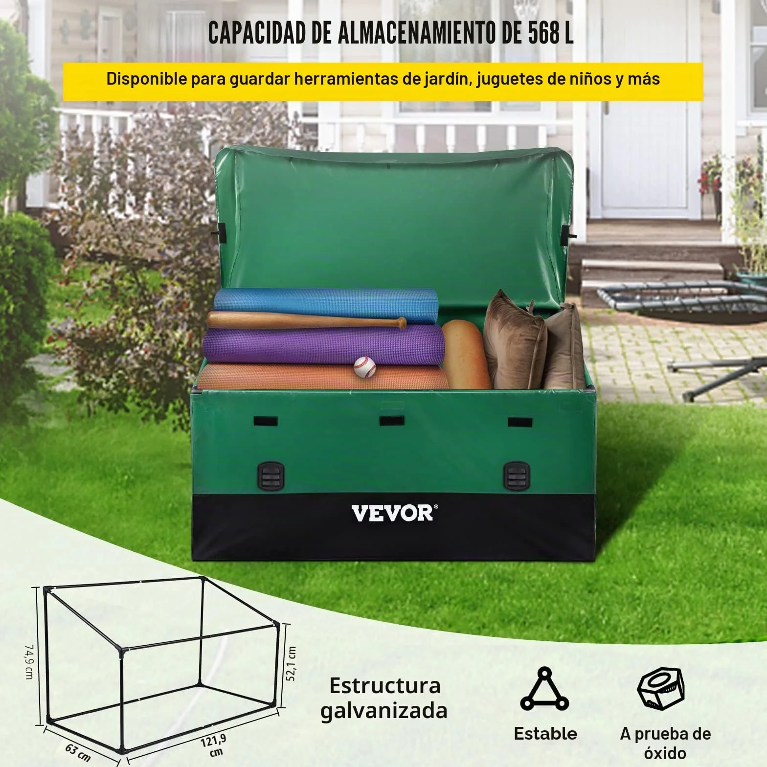 VEVOR Caja de Almacenamiento Exteriores 150 Galones Arcón Jardín Tela Lona PE Baúl Portátil 155x63x75x52 cm Verde